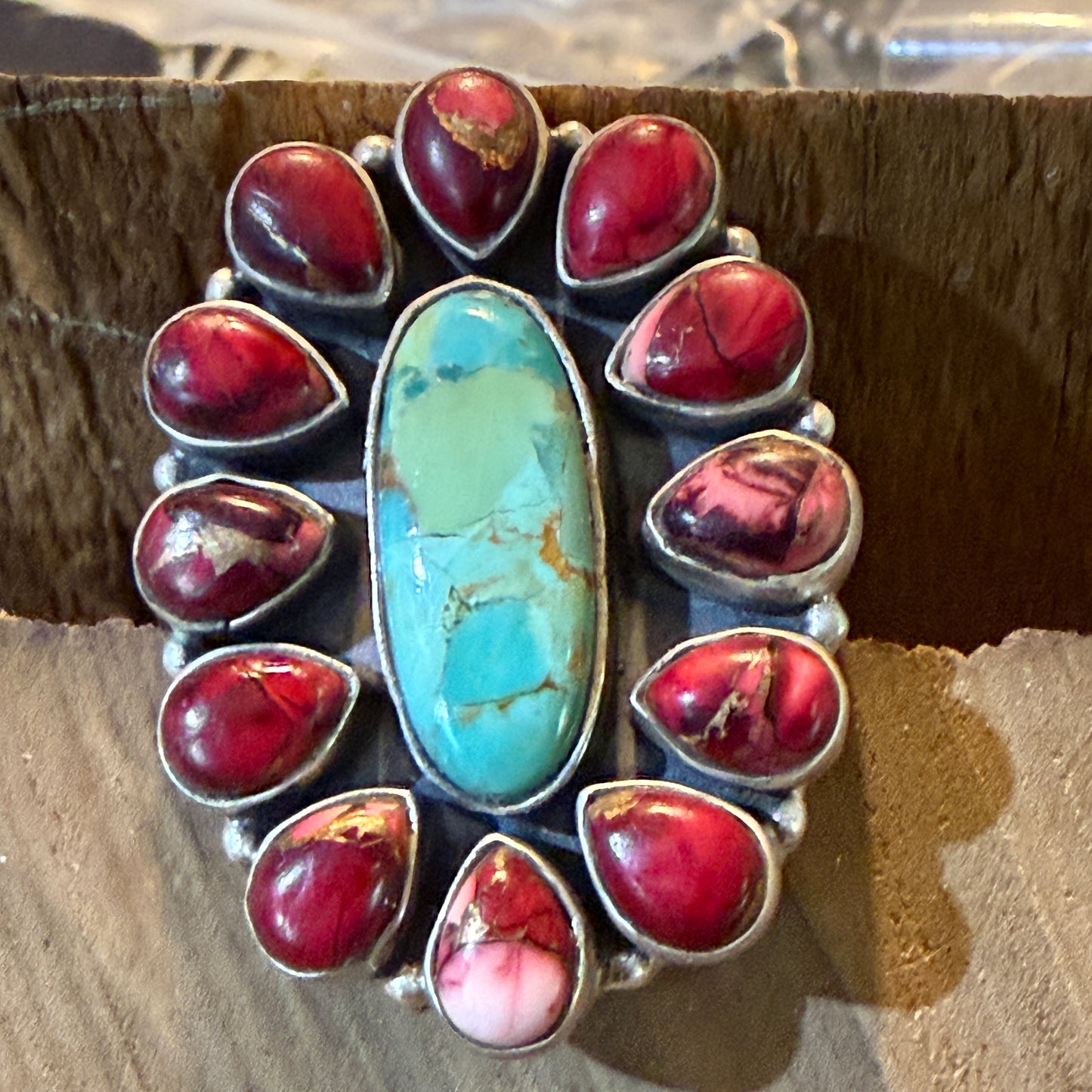 Red Rose Turquoise Dahlia Cluster Ring With Wide Adjustable Band Sterling Silver