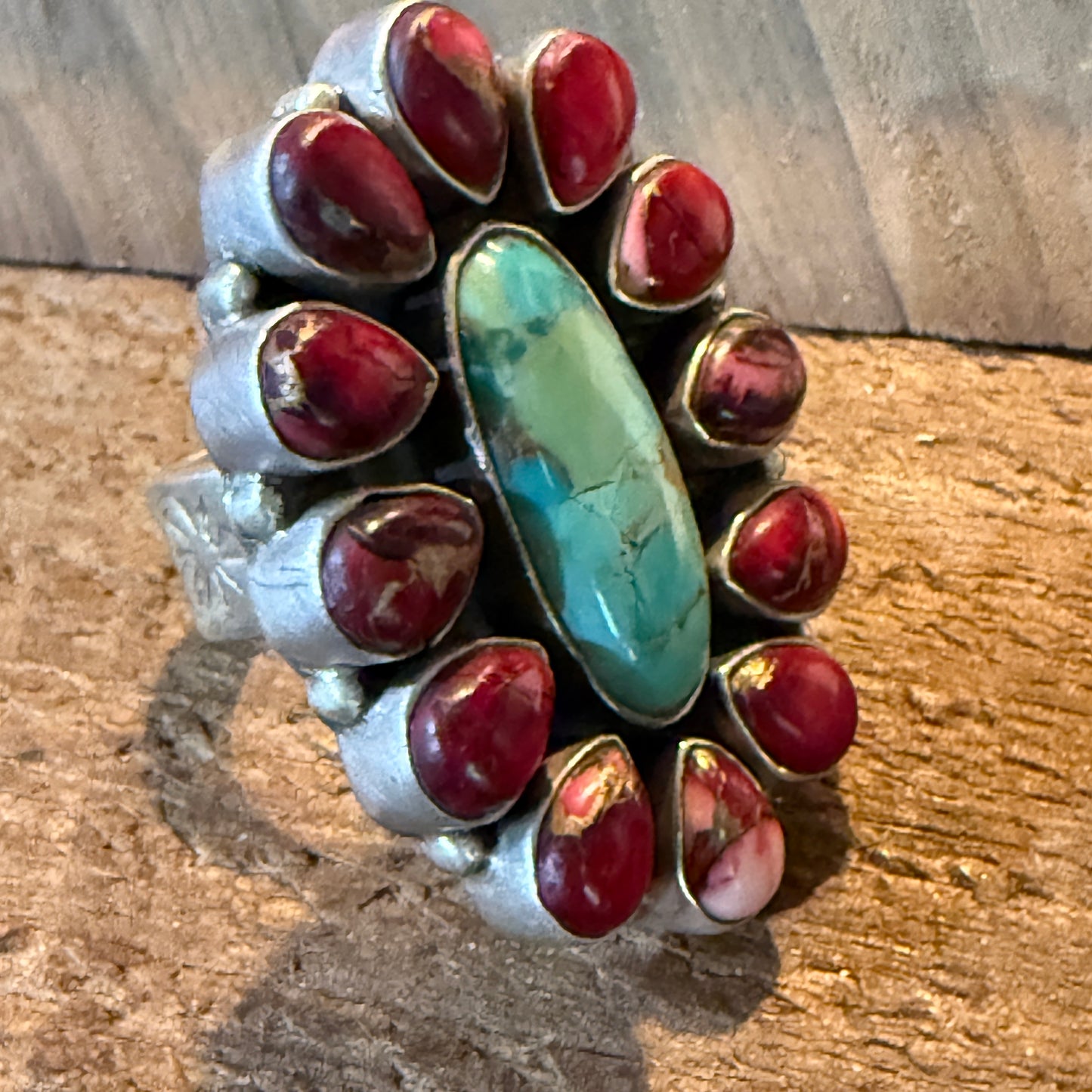 Red Rose Turquoise Dahlia Cluster Ring With Wide Adjustable Band Sterling Silver