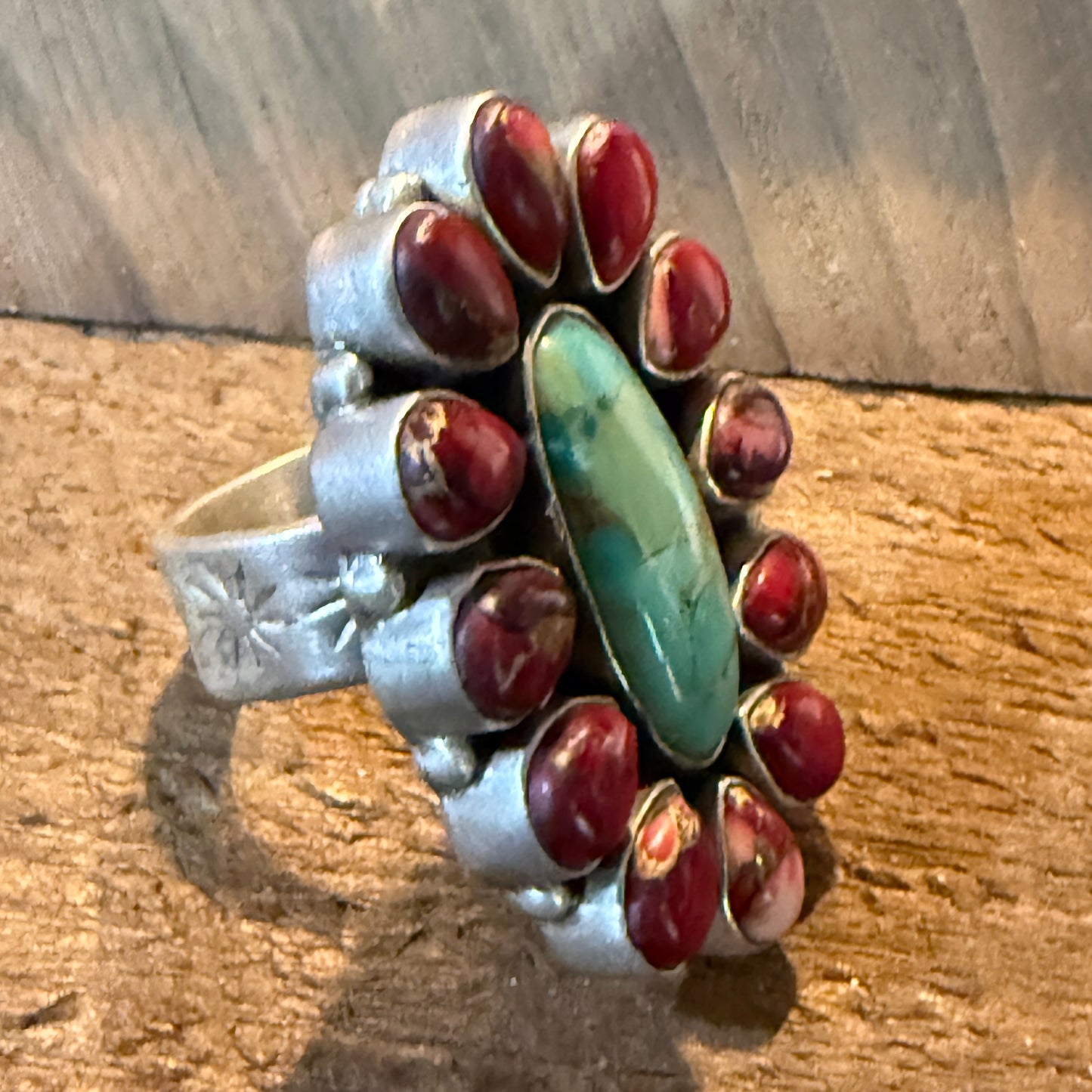 Red Rose Turquoise Dahlia Cluster Ring With Wide Adjustable Band Sterling Silver