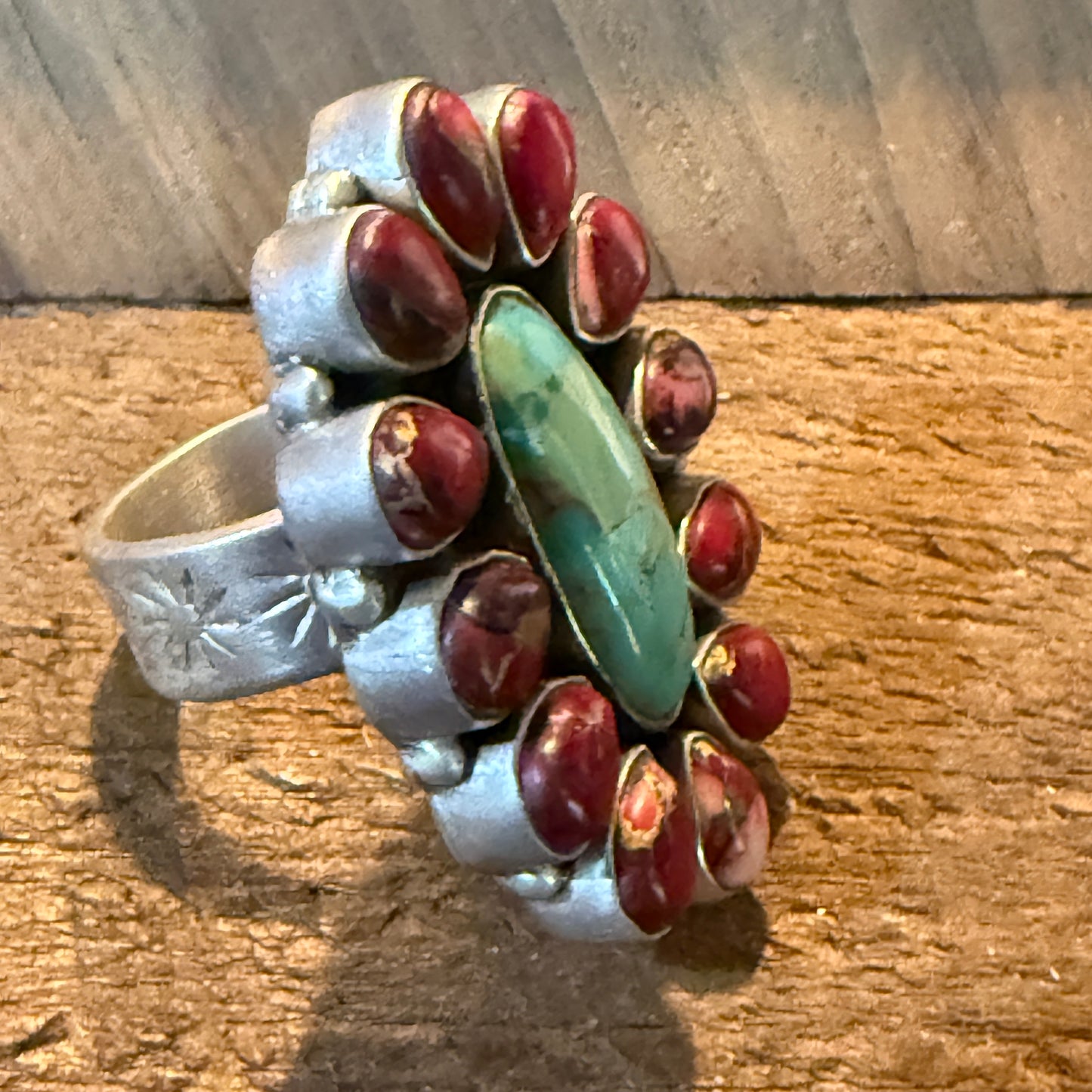 Red Rose Turquoise Dahlia Cluster Ring With Wide Adjustable Band Sterling Silver