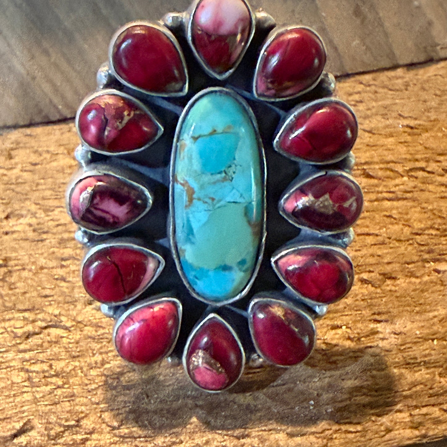 Red Rose Turquoise Dahlia Cluster Ring With Wide Adjustable Band Sterling Silver