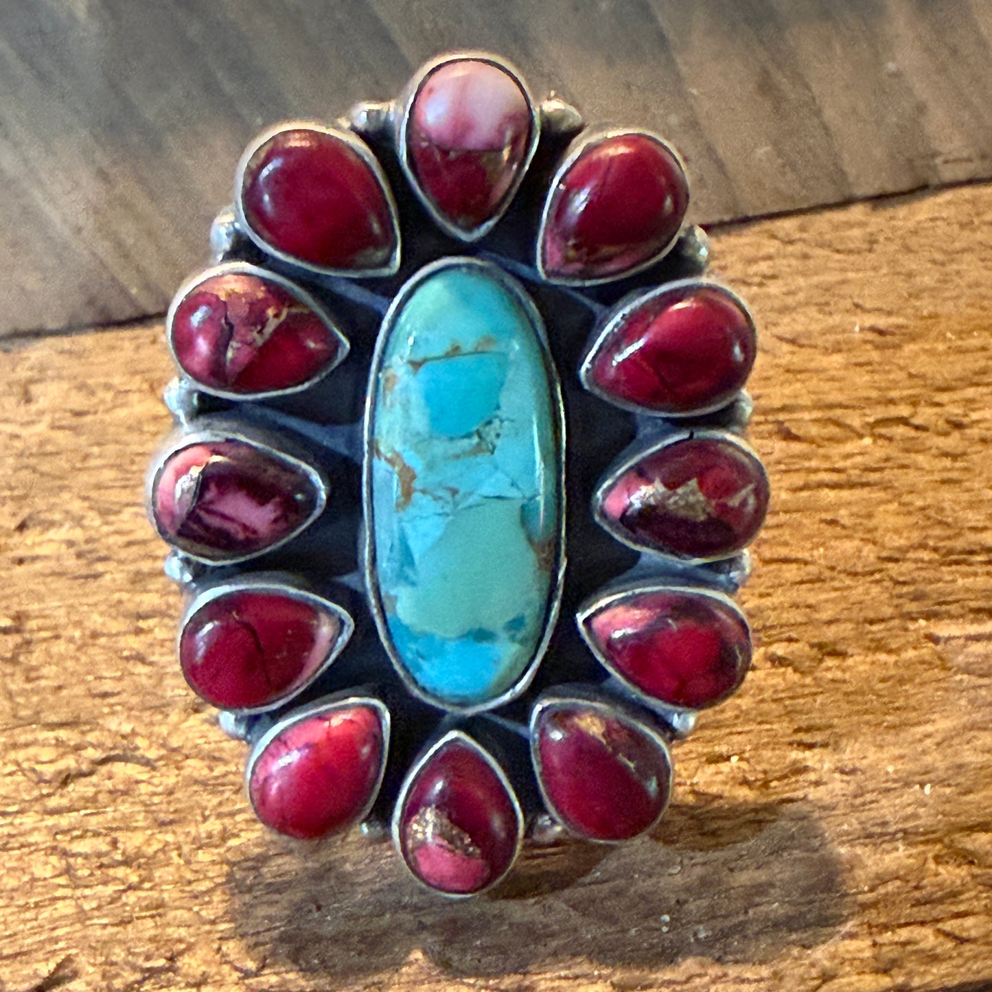 Red Rose Turquoise Dahlia Cluster Ring With Wide Adjustable Band Sterling Silver