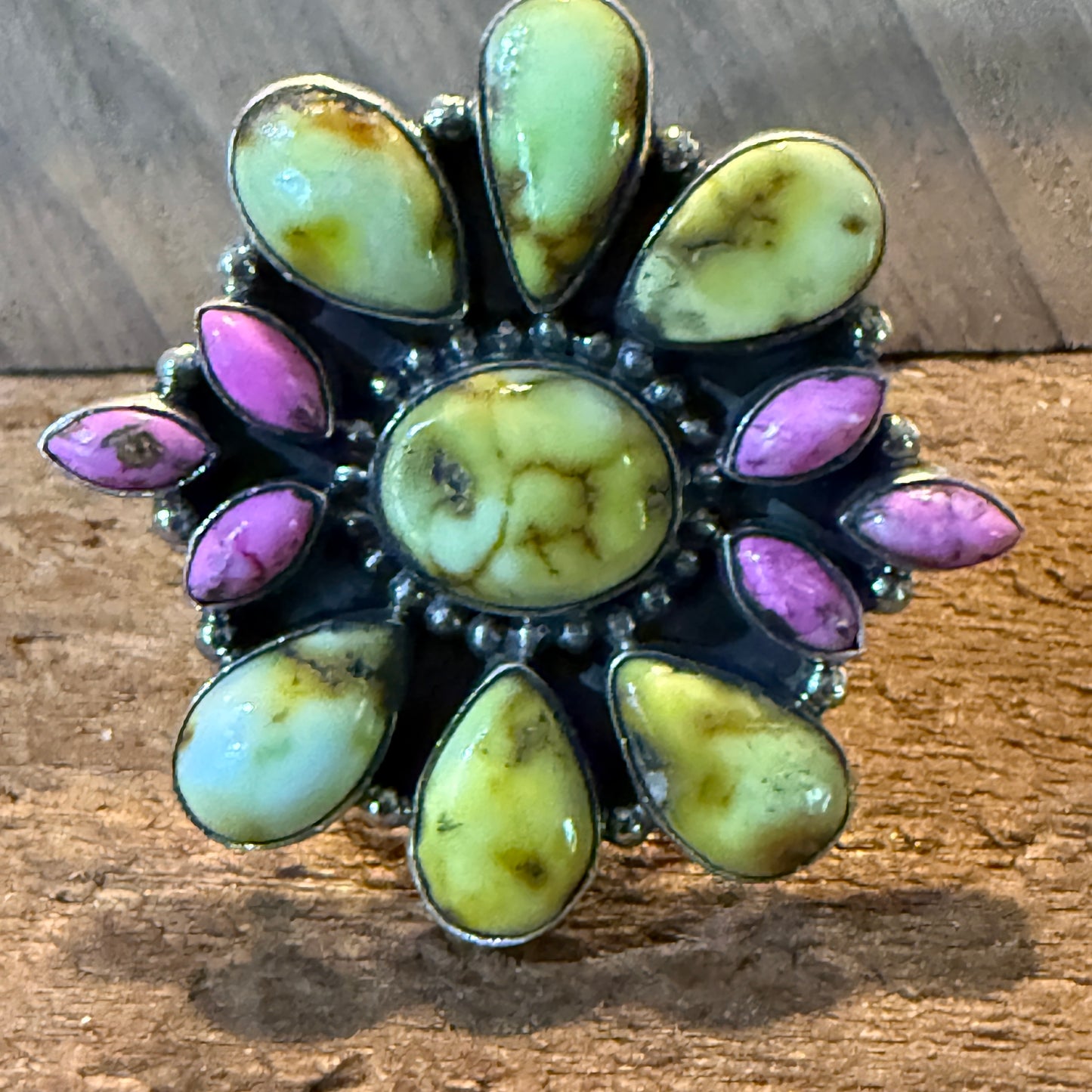 Palomino And Cotton Candy Dahlia Turquoise Gemstones Cluster Flex Ring Sterling