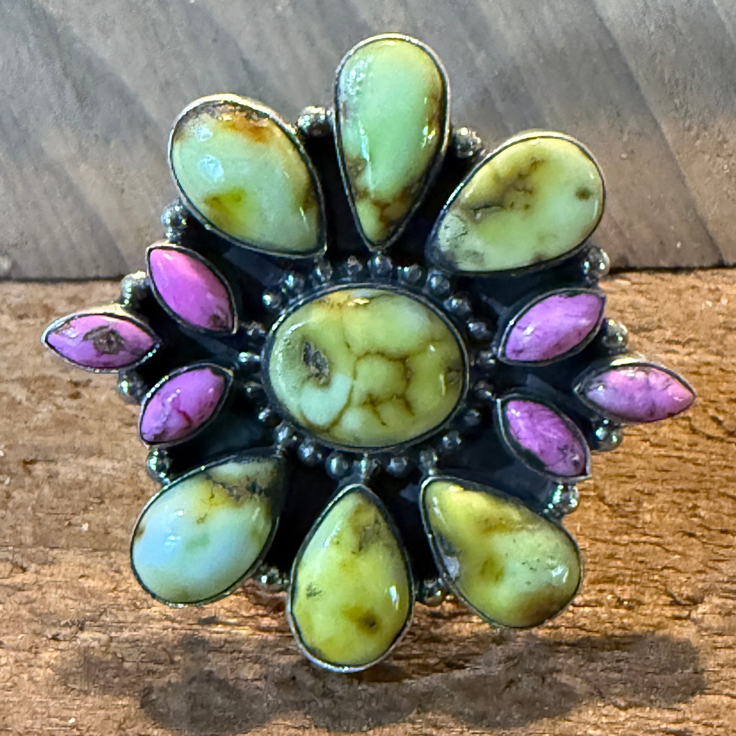 Palomino And Cotton Candy Dahlia Turquoise Gemstones Cluster Flex Ring Sterling