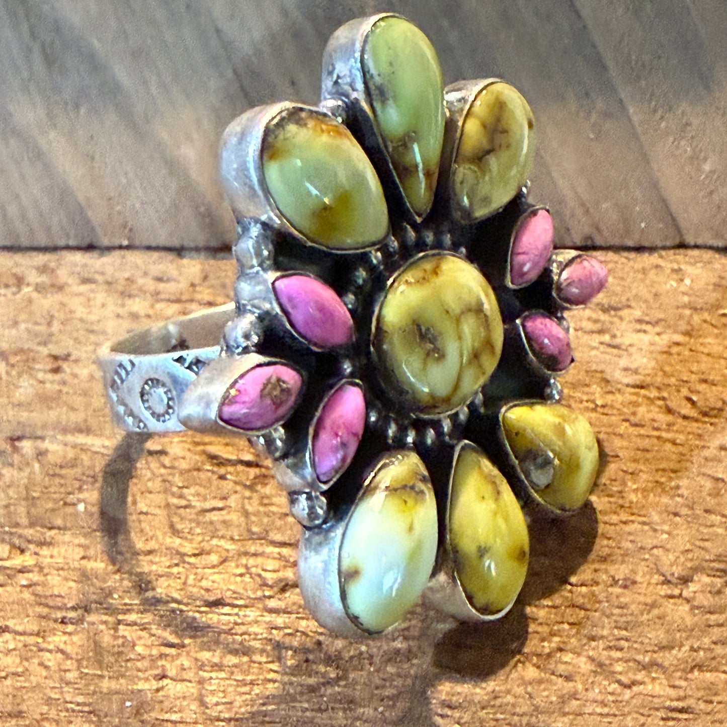 Palomino And Cotton Candy Dahlia Turquoise Gemstones Cluster Flex Ring Sterling