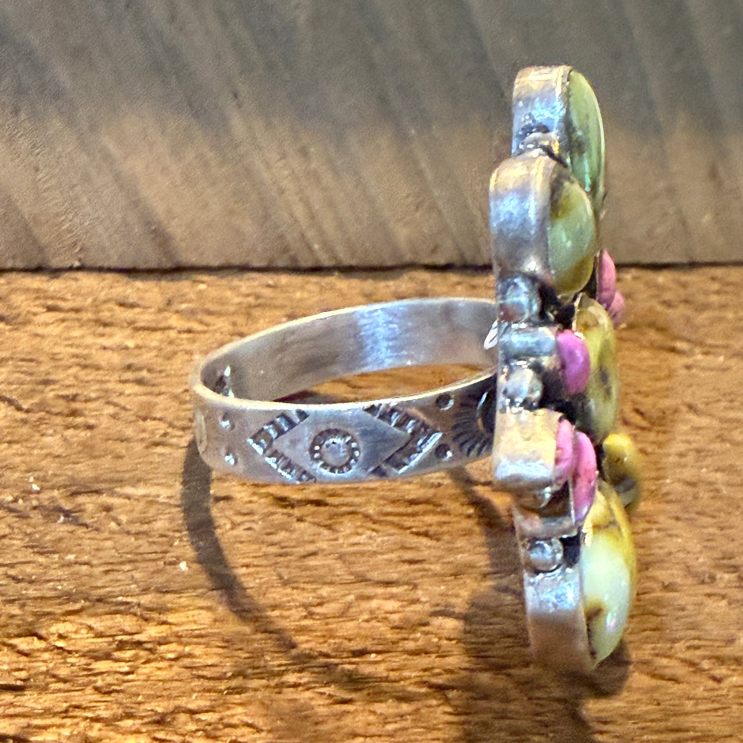 Palomino And Cotton Candy Dahlia Turquoise Gemstones Cluster Flex Ring Sterling