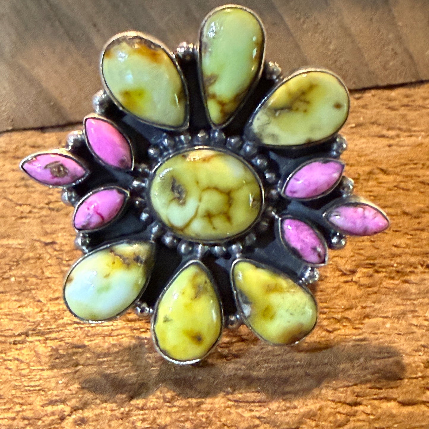 Palomino And Cotton Candy Dahlia Turquoise Gemstones Cluster Flex Ring Sterling
