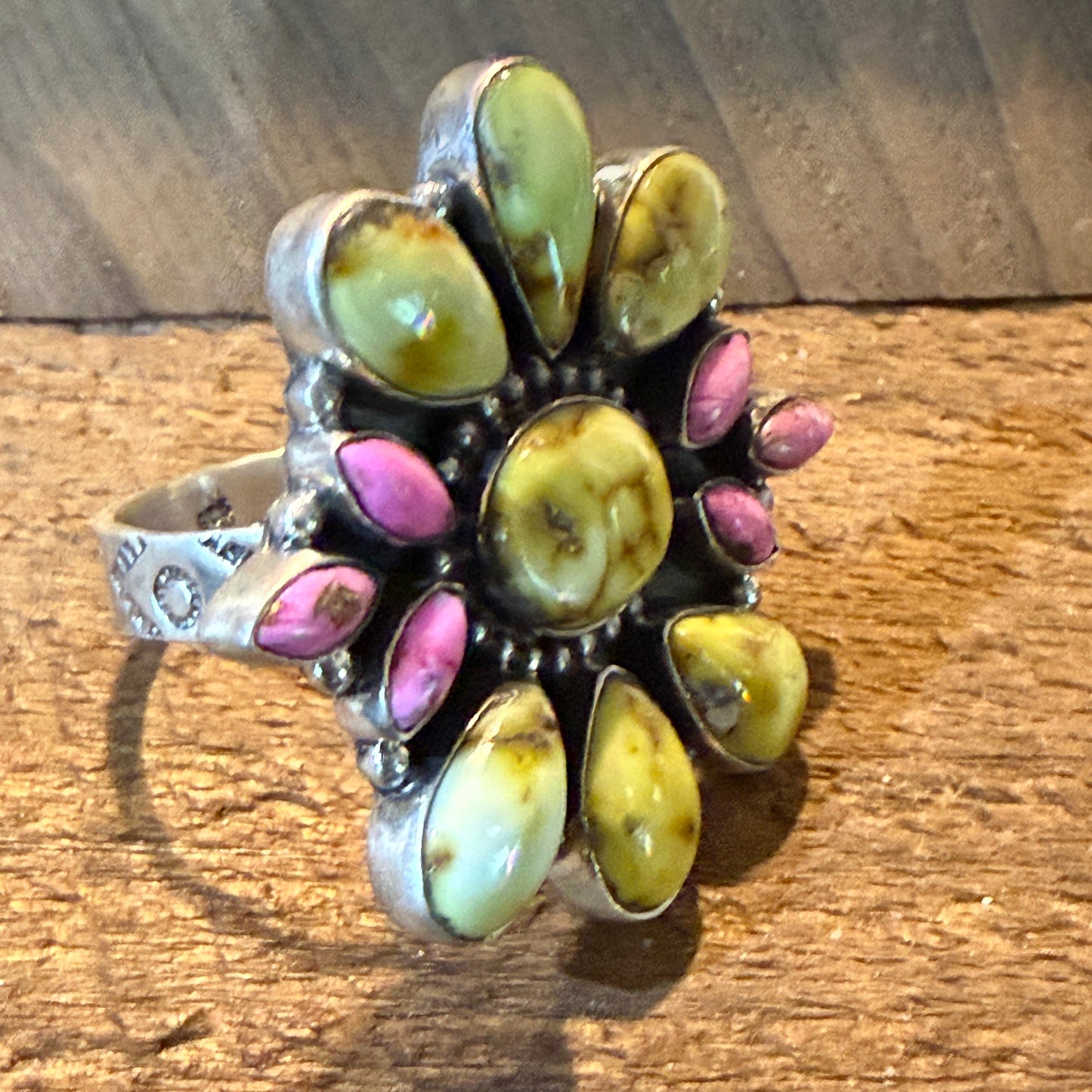 Palomino And Cotton Candy Dahlia Turquoise Gemstones Cluster Flex Ring Sterling