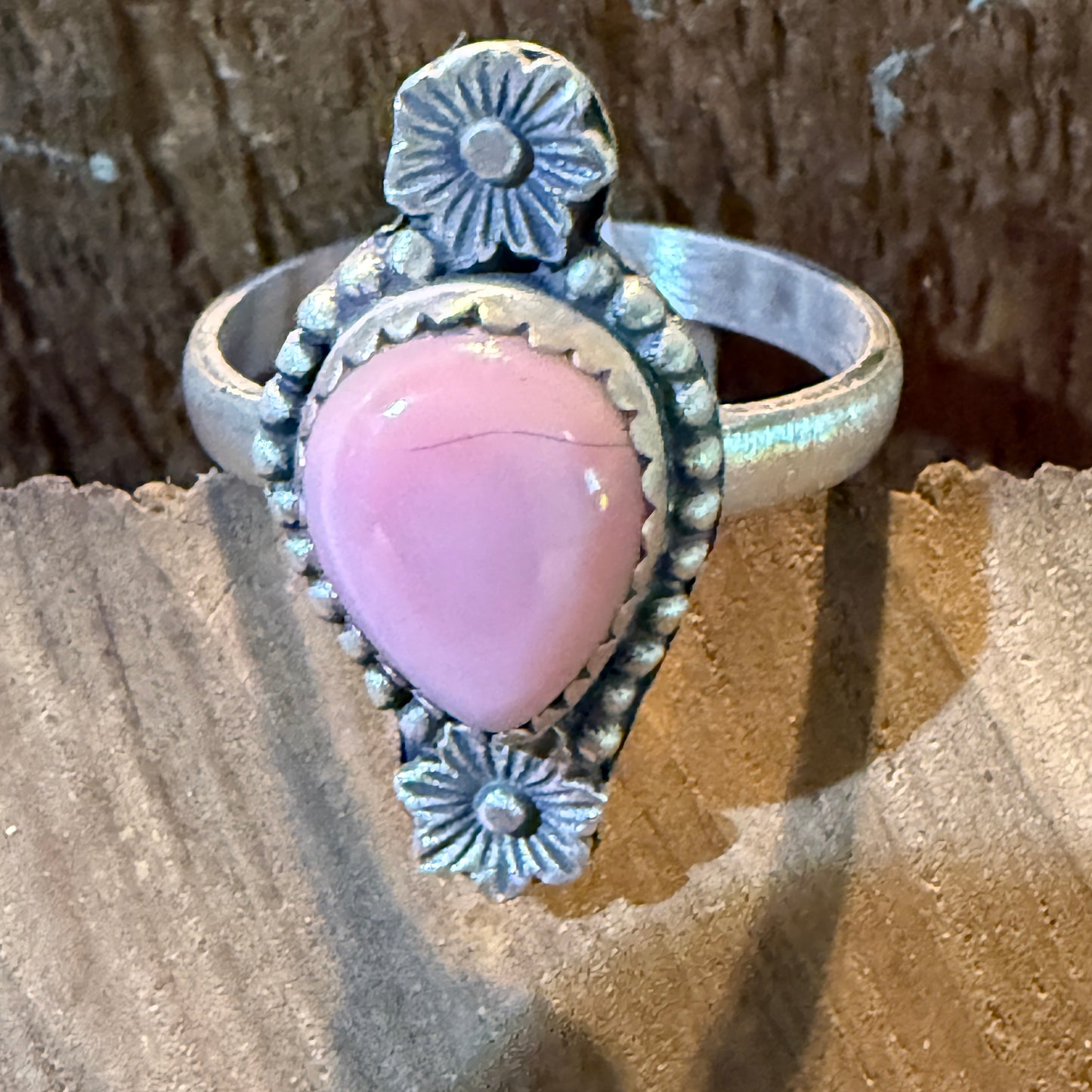 Pink Conch Gemstone Floral Adjustable Ring In Sterling Silver