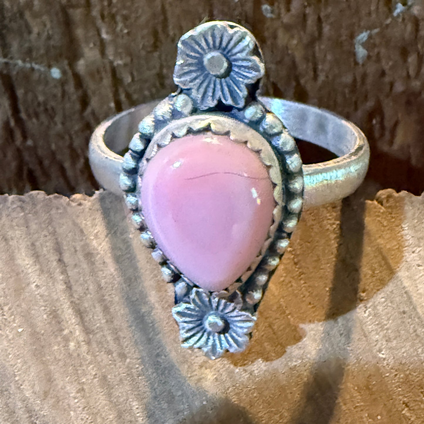 Pink Conch Gemstone Floral Adjustable Ring In Sterling Silver