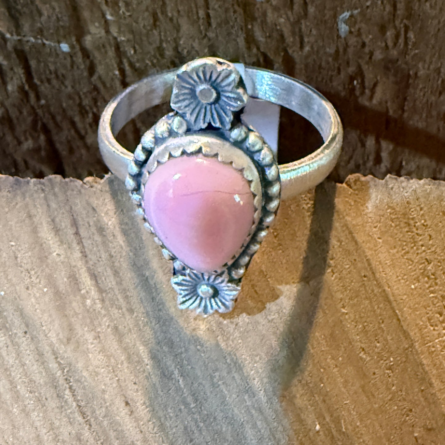 Pink Conch Gemstone Floral Adjustable Ring In Sterling Silver