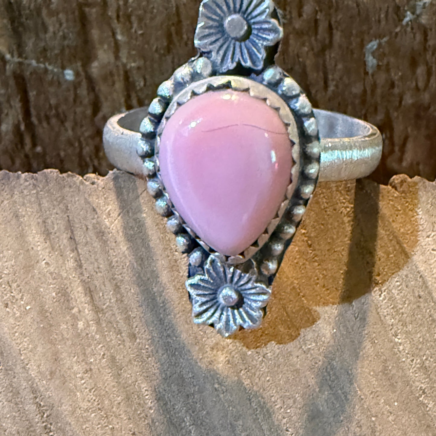Pink Conch Gemstone Floral Adjustable Ring In Sterling Silver