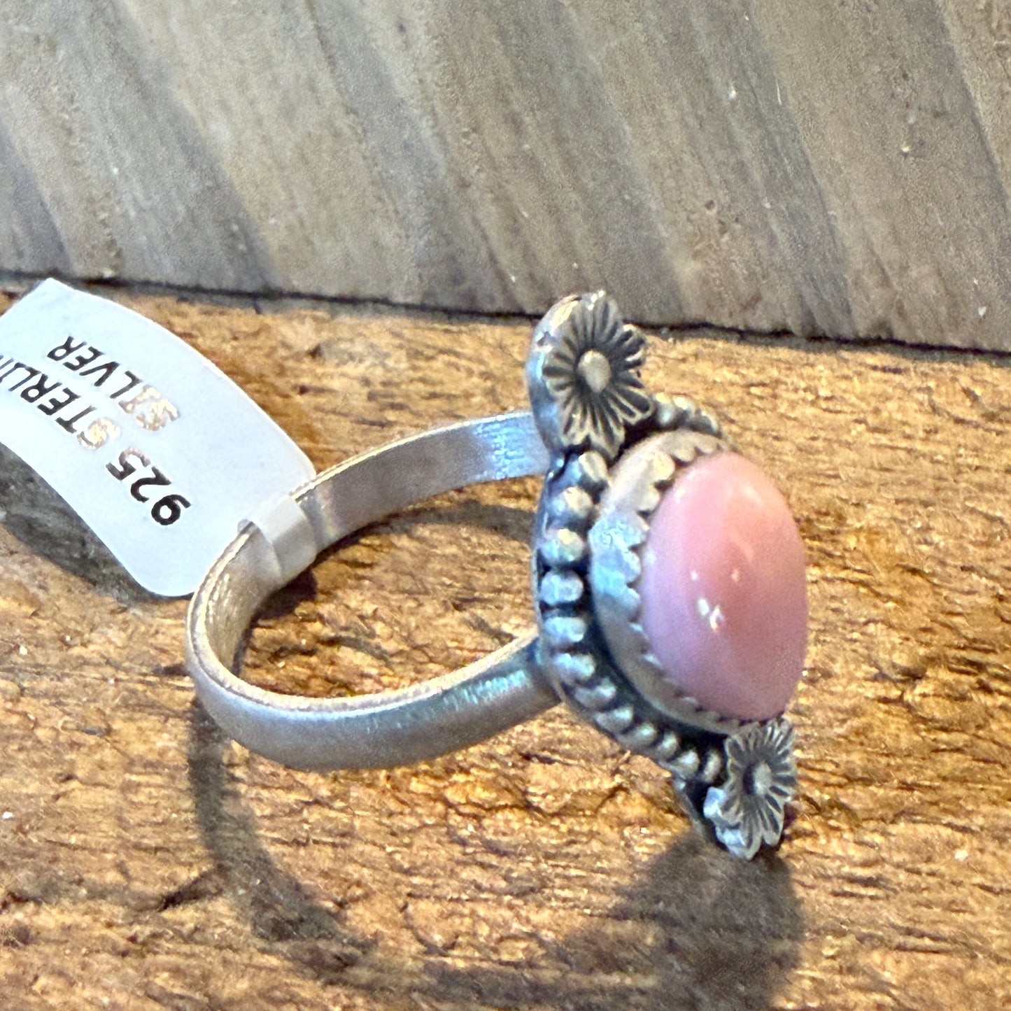 Pink Conch Gemstone Floral Adjustable Ring In Sterling Silver