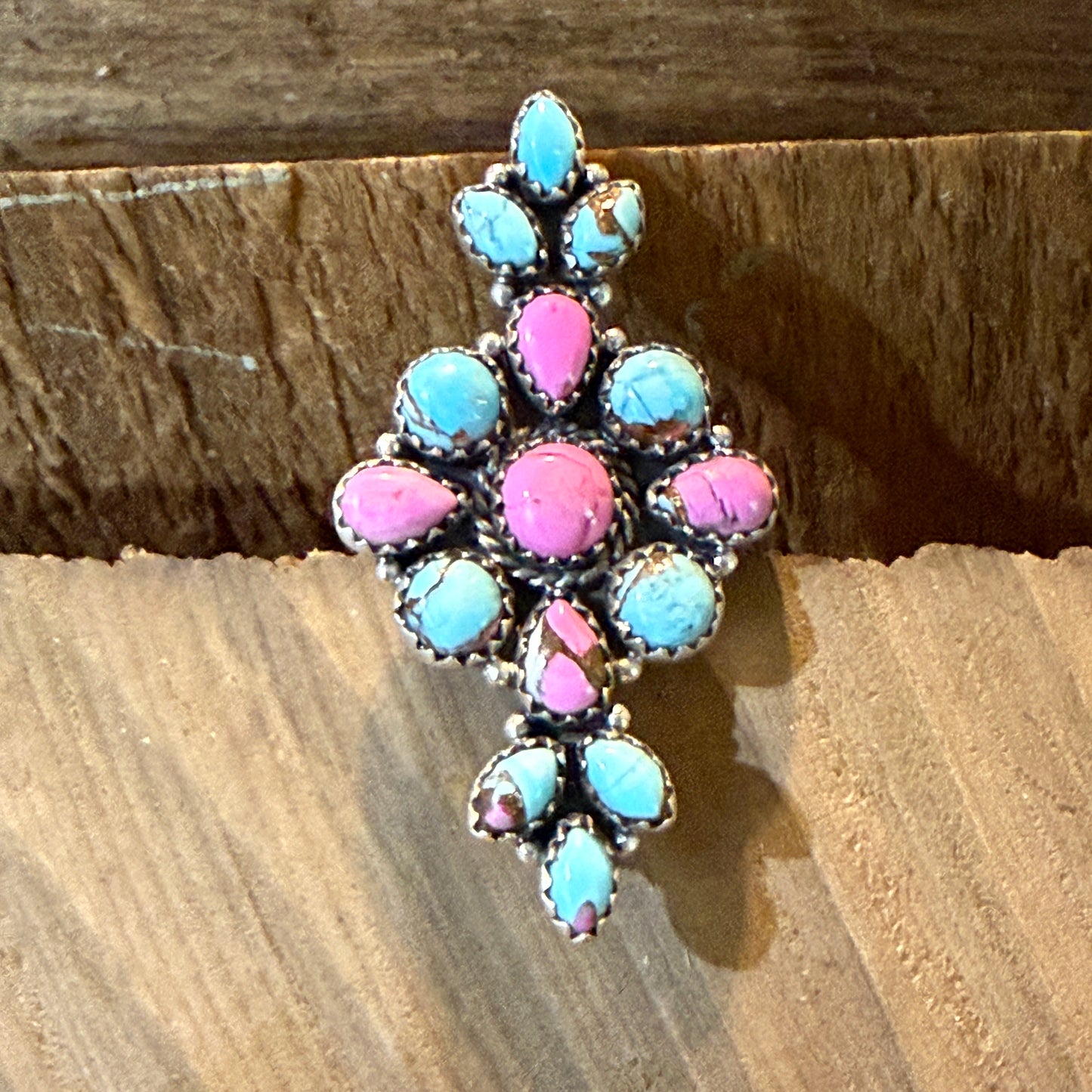Cotton Candy Dahlia Turquoise Gemstone Adjustable Statement Ring Sterling Silver