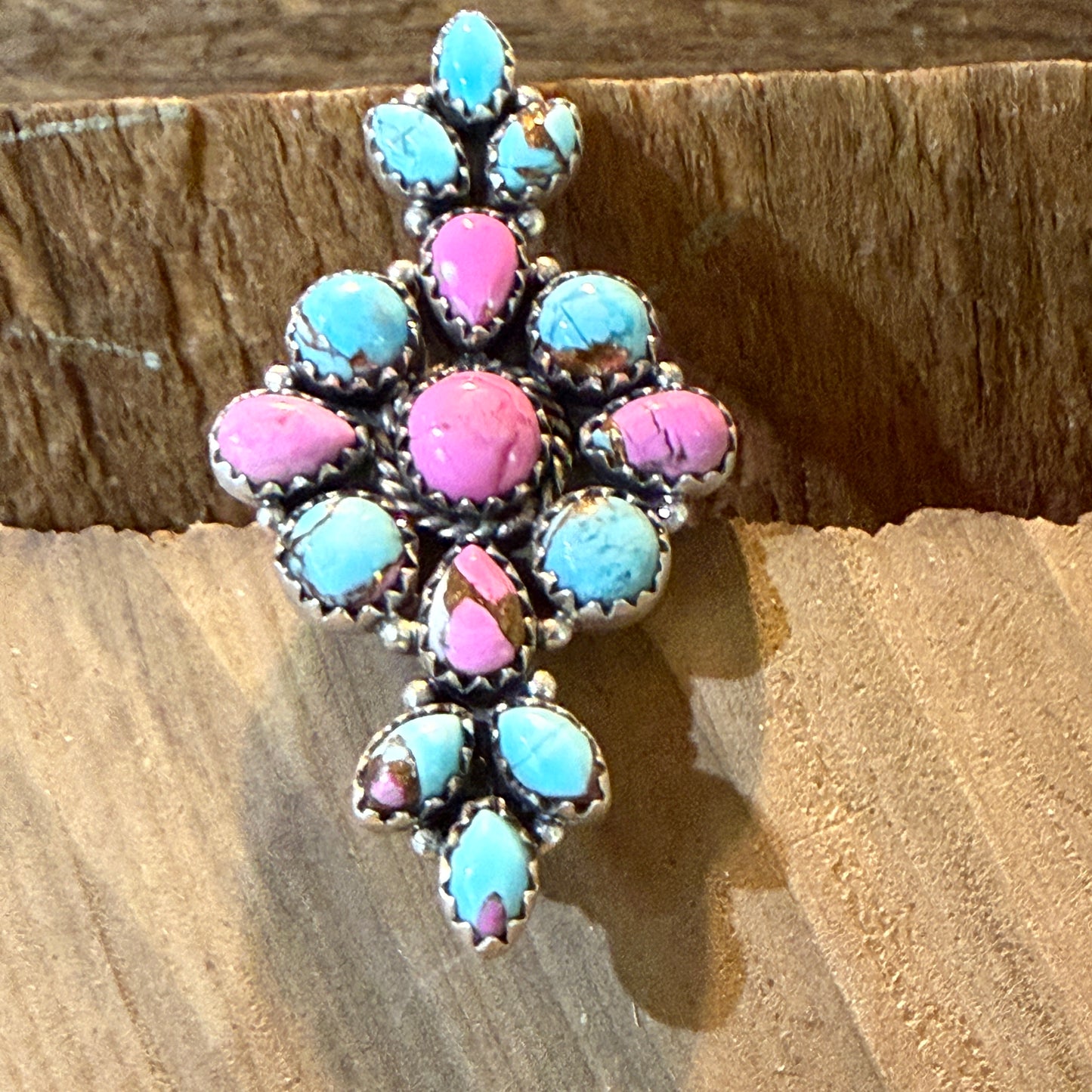 Cotton Candy Dahlia Turquoise Gemstone Adjustable Statement Ring Sterling Silver