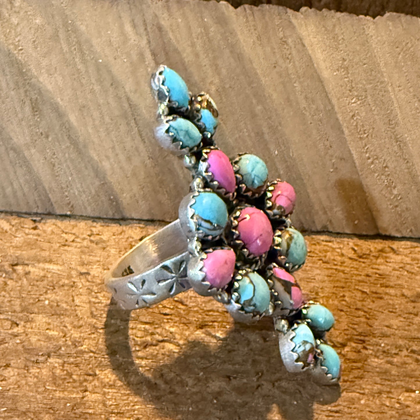 Cotton Candy Dahlia Turquoise Gemstone Adjustable Statement Ring Sterling Silver