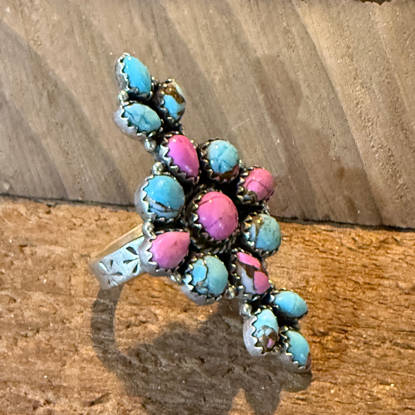 Cotton Candy Dahlia Turquoise Gemstone Adjustable Statement Ring Sterling Silver
