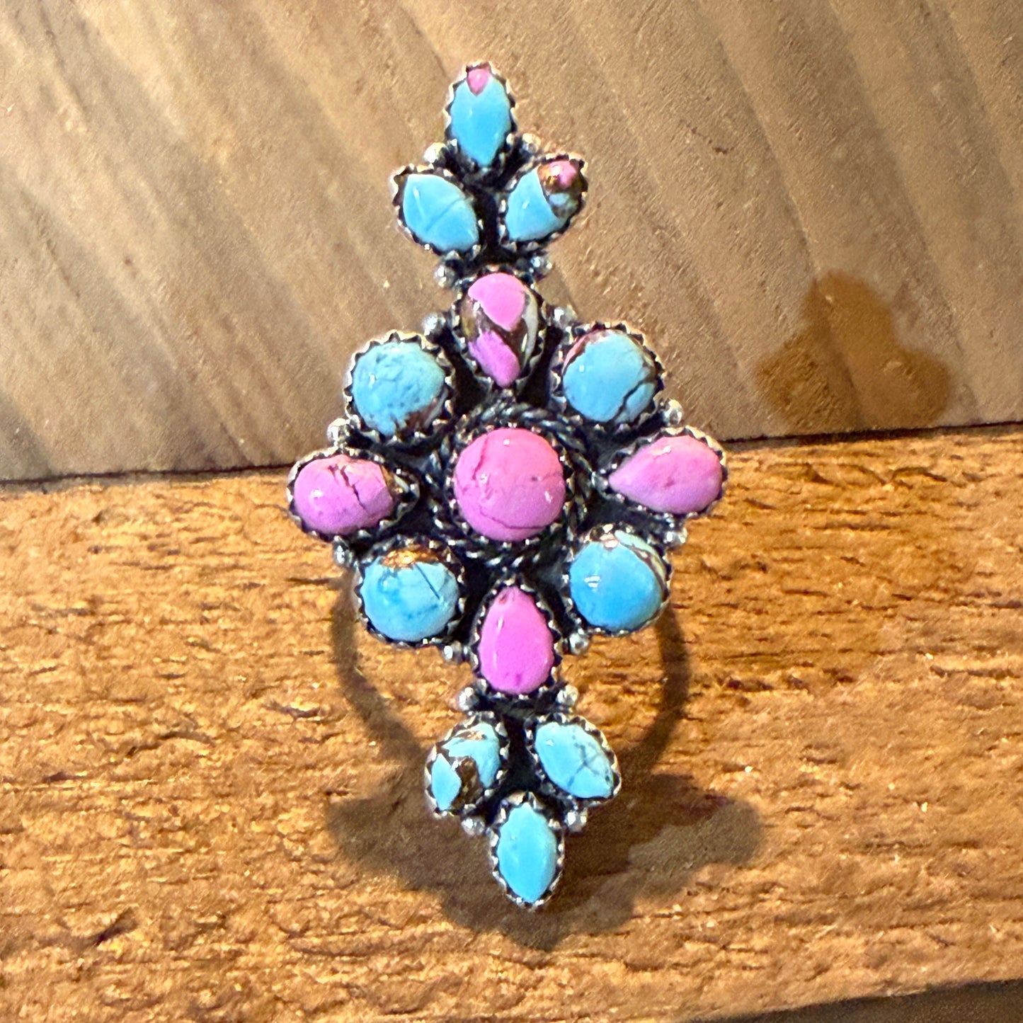 Cotton Candy Dahlia Turquoise Gemstone Adjustable Statement Ring Sterling Silver