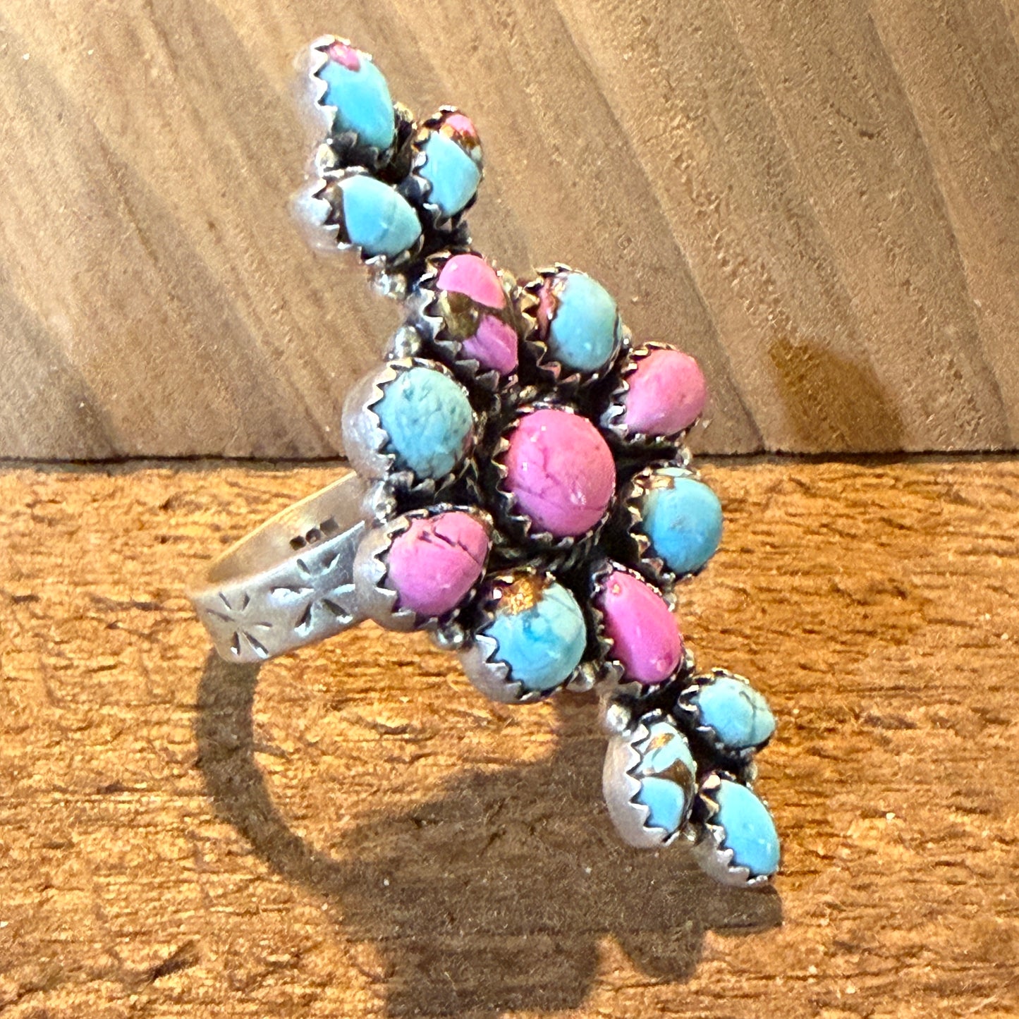 Cotton Candy Dahlia Turquoise Gemstone Adjustable Statement Ring Sterling Silver
