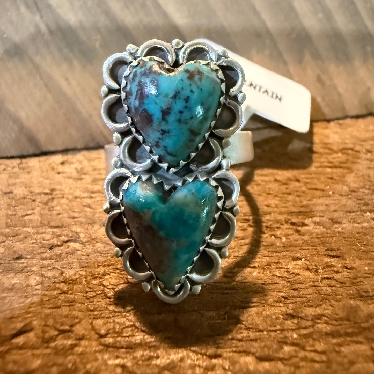 Pilot Mountain Turquoise Gemstone Double Heart Adjustable Ring Sterling Silver