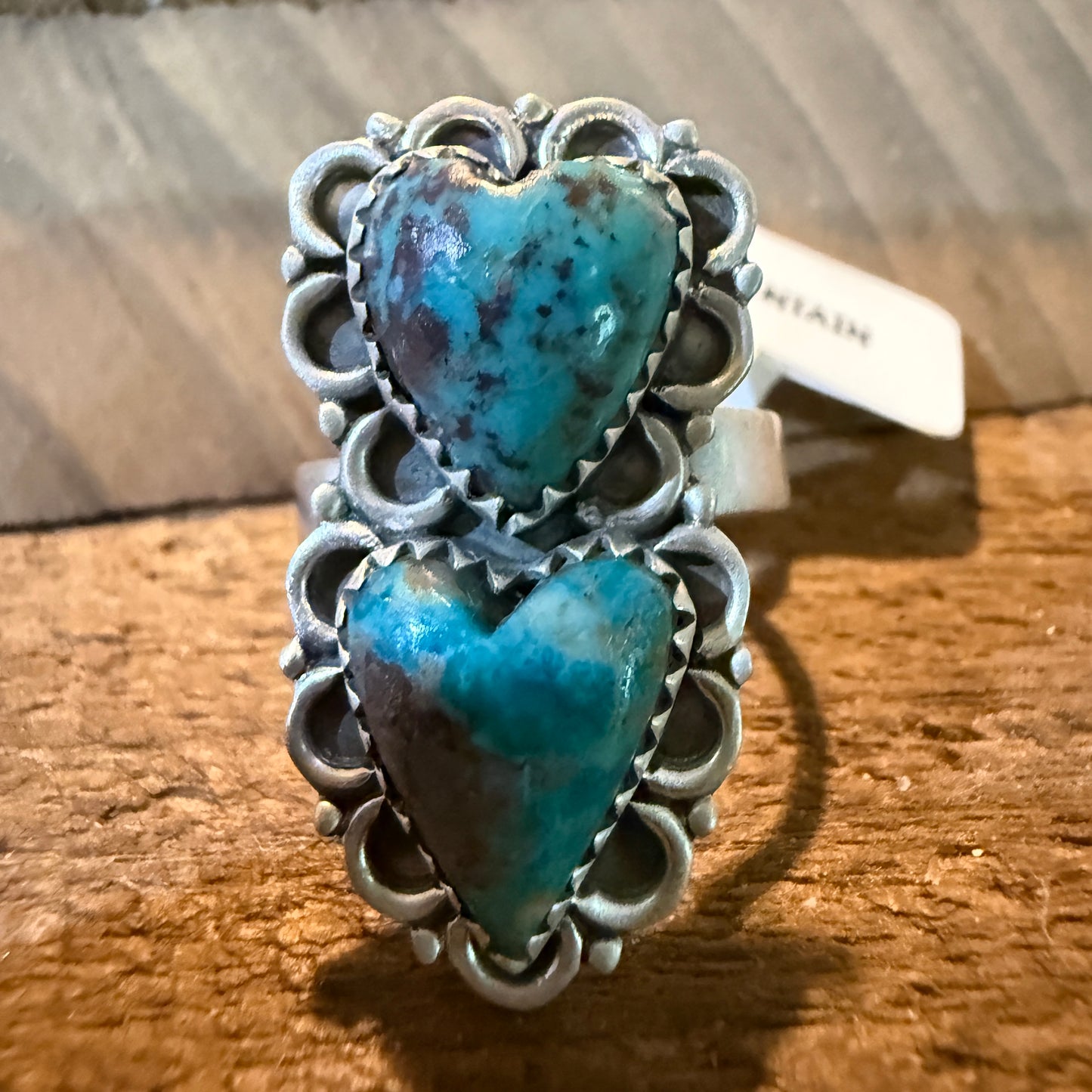 Pilot Mountain Turquoise Gemstone Double Heart Adjustable Ring Sterling Silver