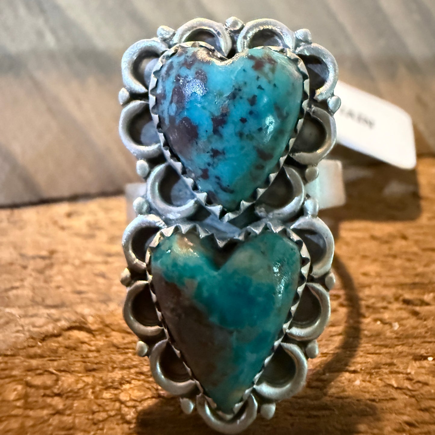 Pilot Mountain Turquoise Gemstone Double Heart Adjustable Ring Sterling Silver