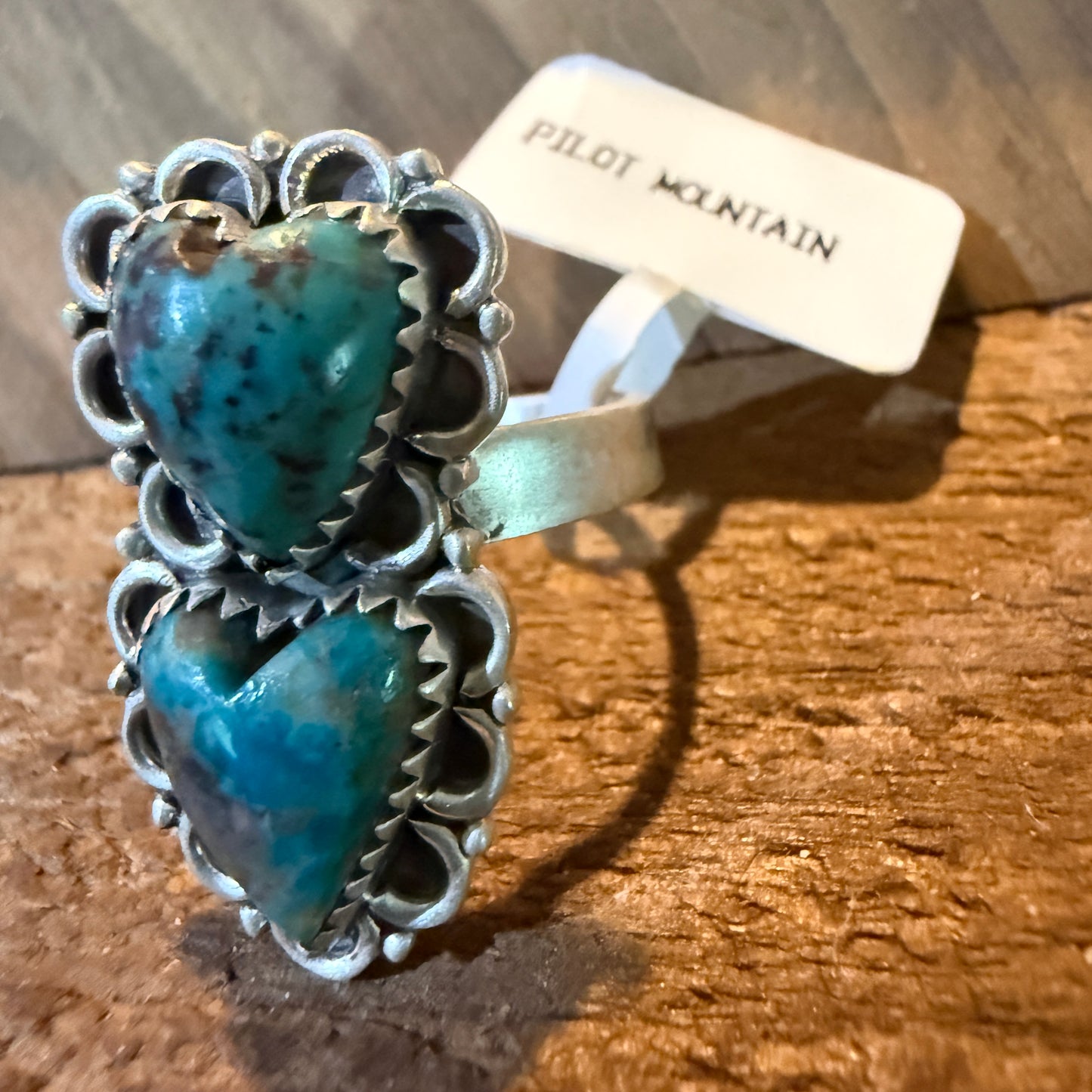 Pilot Mountain Turquoise Gemstone Double Heart Adjustable Ring Sterling Silver