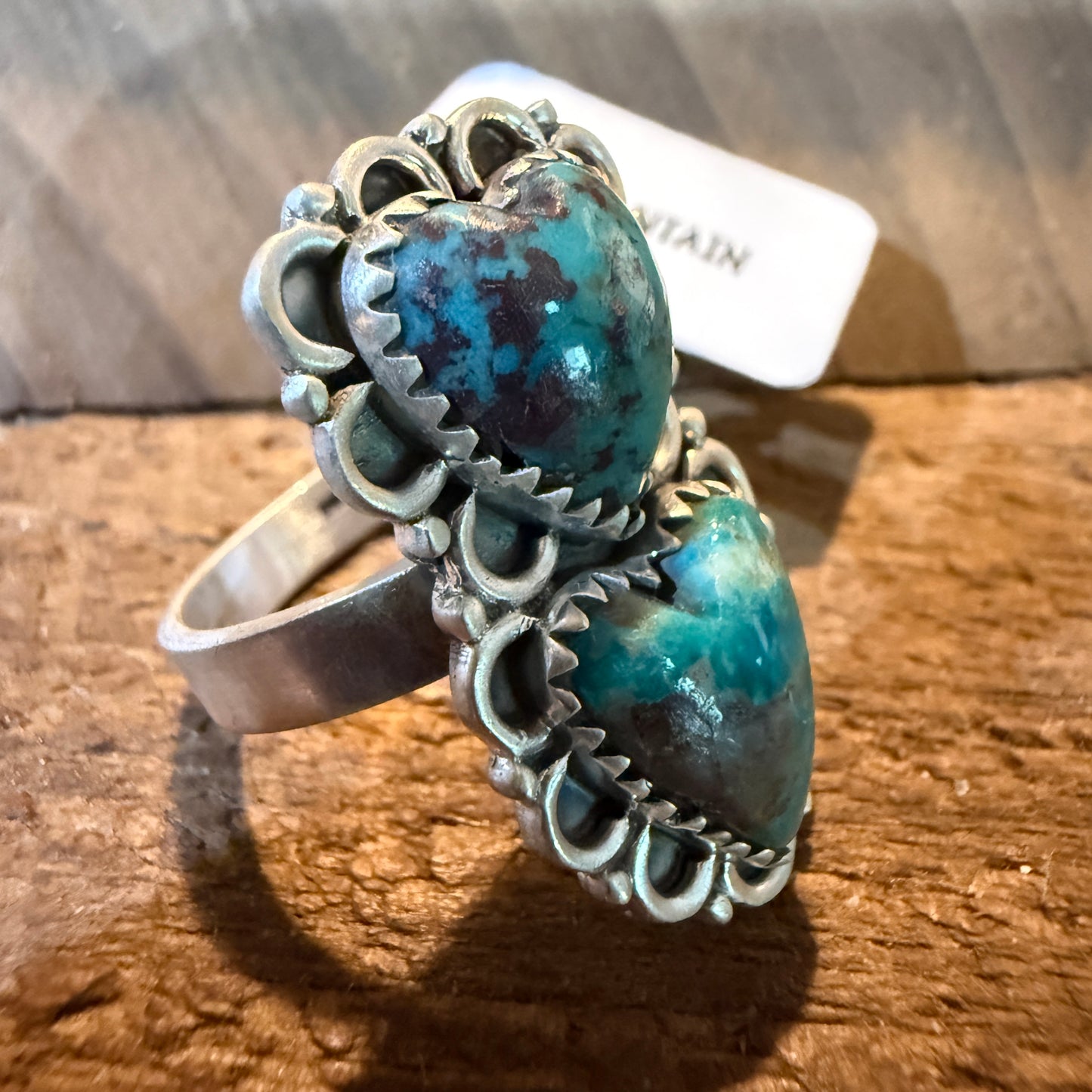 Pilot Mountain Turquoise Gemstone Double Heart Adjustable Ring Sterling Silver