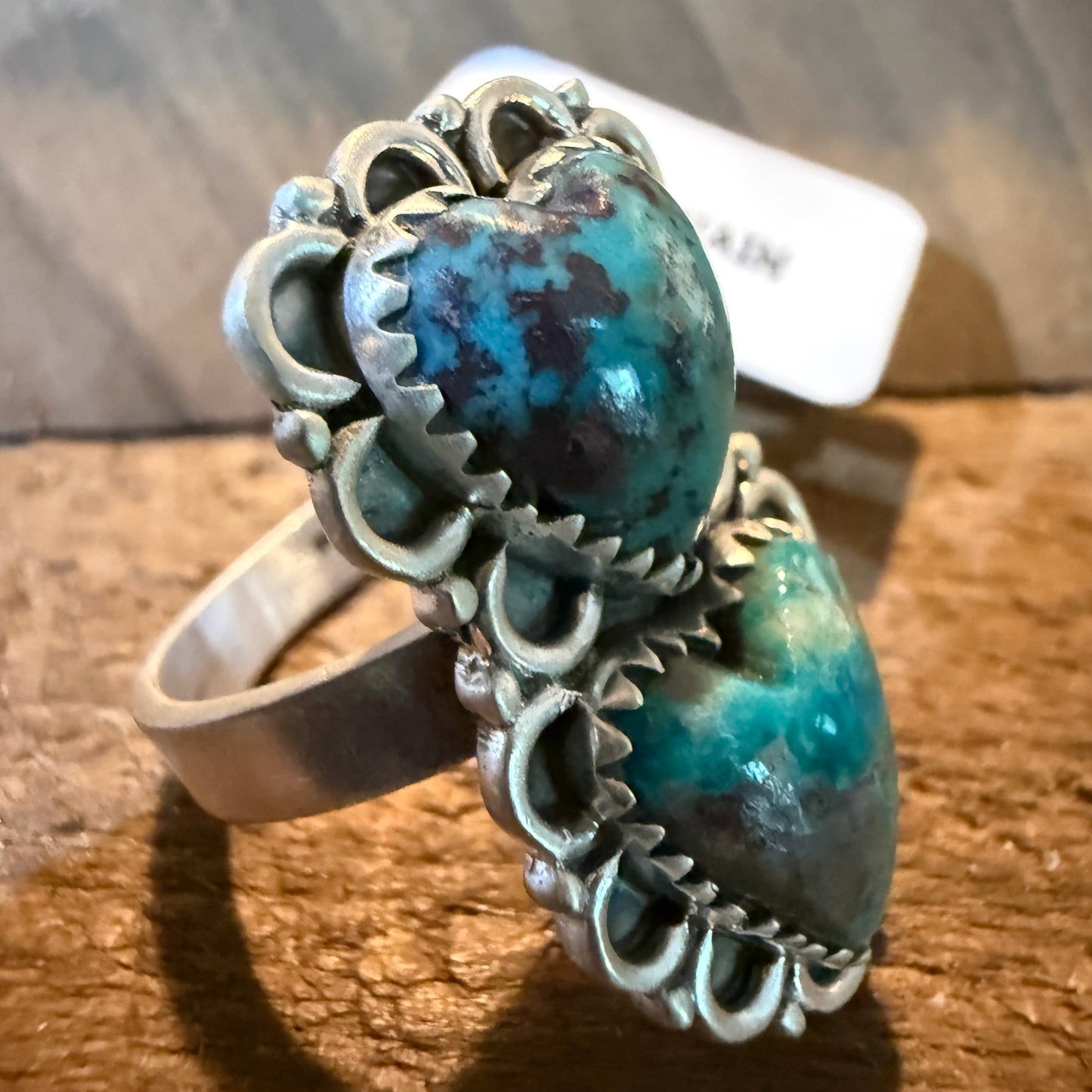 Pilot Mountain Turquoise Gemstone Double Heart Adjustable Ring Sterling Silver