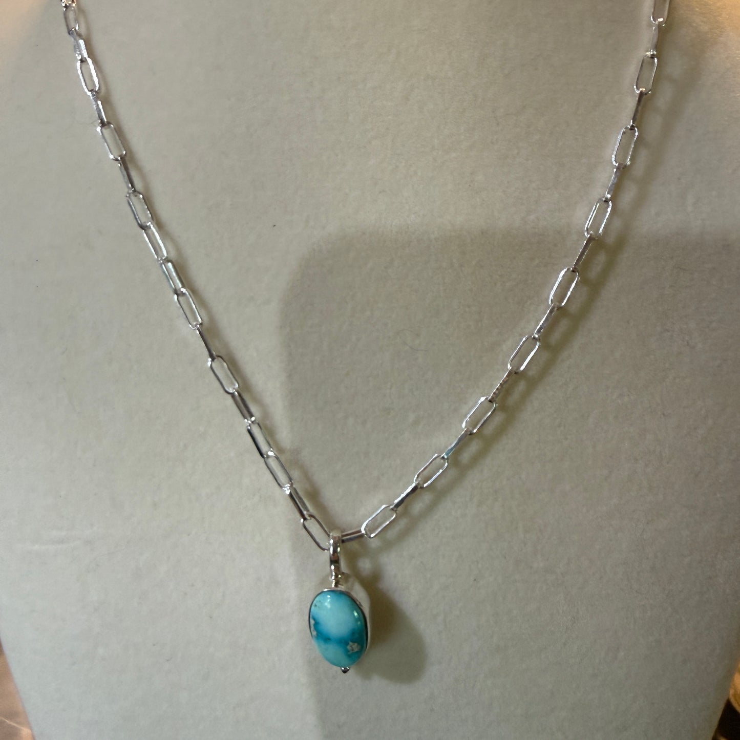 White Water Turquoise Gemstone Necklace 20 Inch Sterling Silver Paper Clip Chain