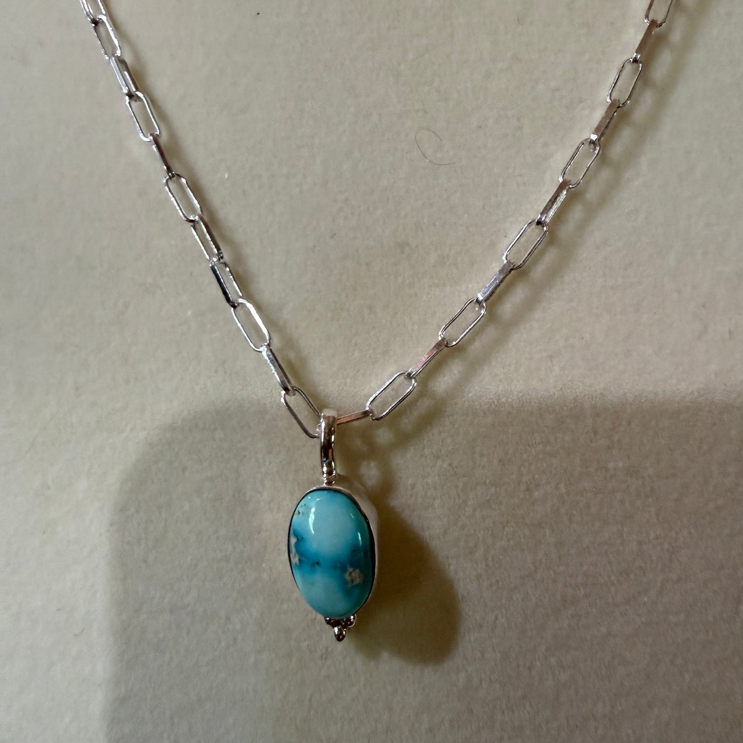 White Water Turquoise Gemstone Necklace 20 Inch Sterling Silver Paper Clip Chain