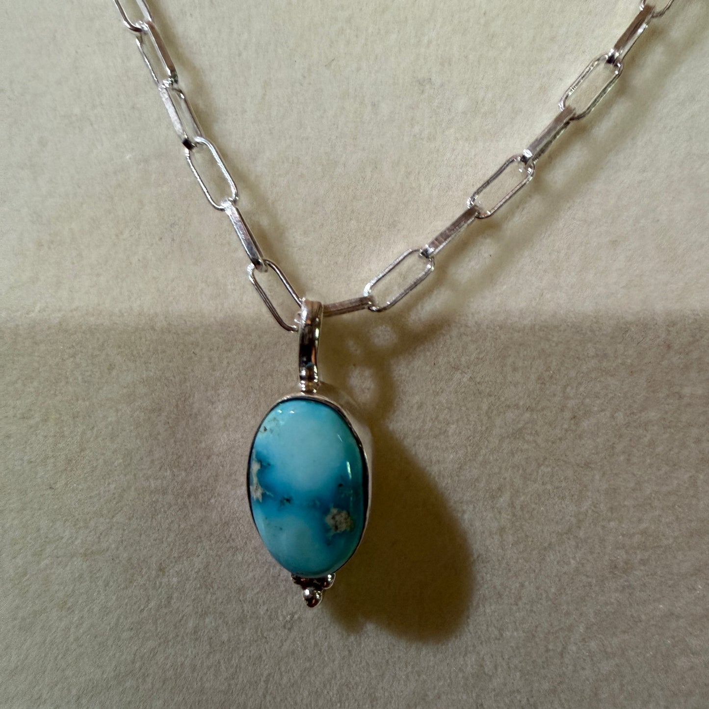 White Water Turquoise Gemstone Necklace 20 Inch Sterling Silver Paper Clip Chain