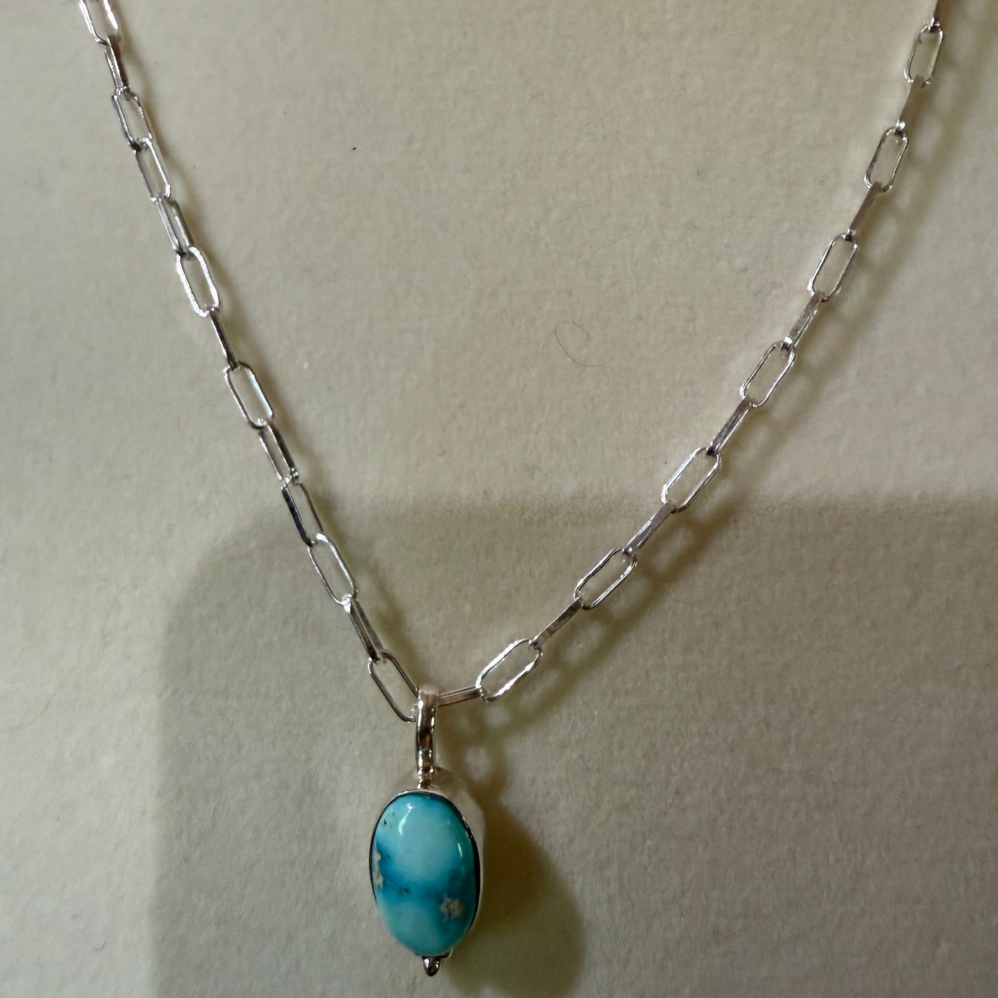 White Water Turquoise Gemstone Necklace 20 Inch Sterling Silver Paper Clip Chain