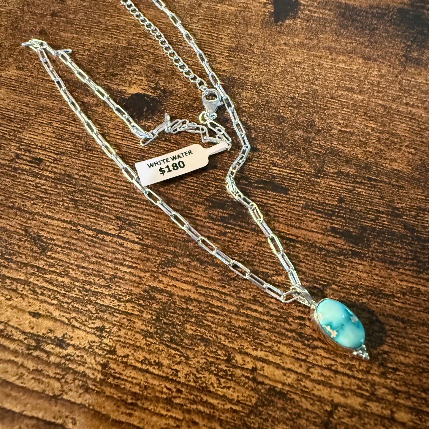 White Water Turquoise Gemstone Necklace 20 Inch Sterling Silver Paper Clip Chain