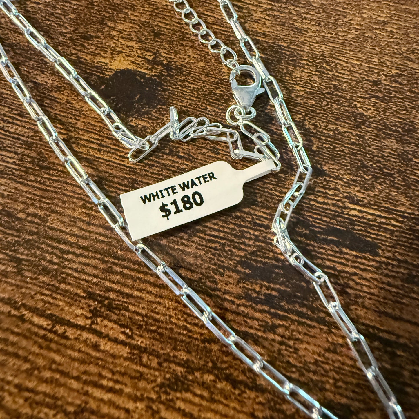 White Water Turquoise Gemstone Necklace 20 Inch Sterling Silver Paper Clip Chain