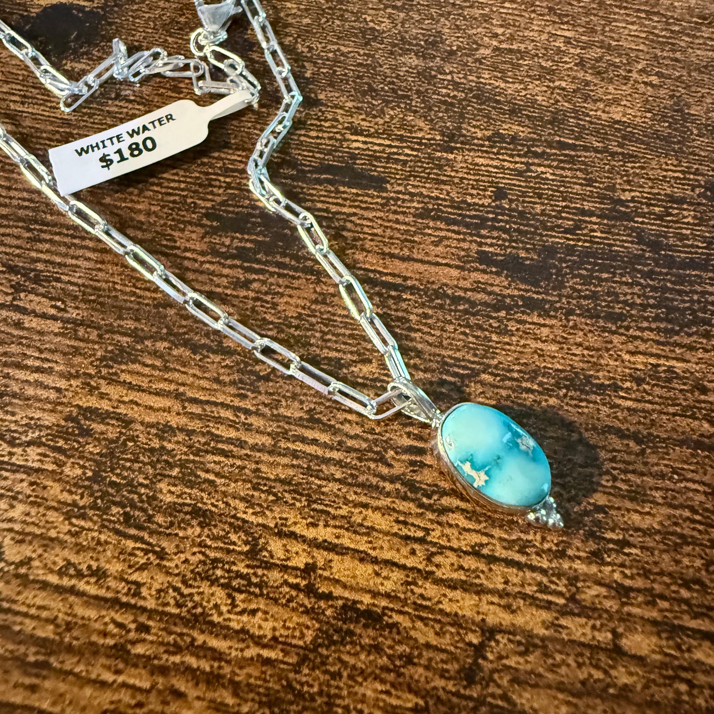 White Water Turquoise Gemstone Necklace 20 Inch Sterling Silver Paper Clip Chain