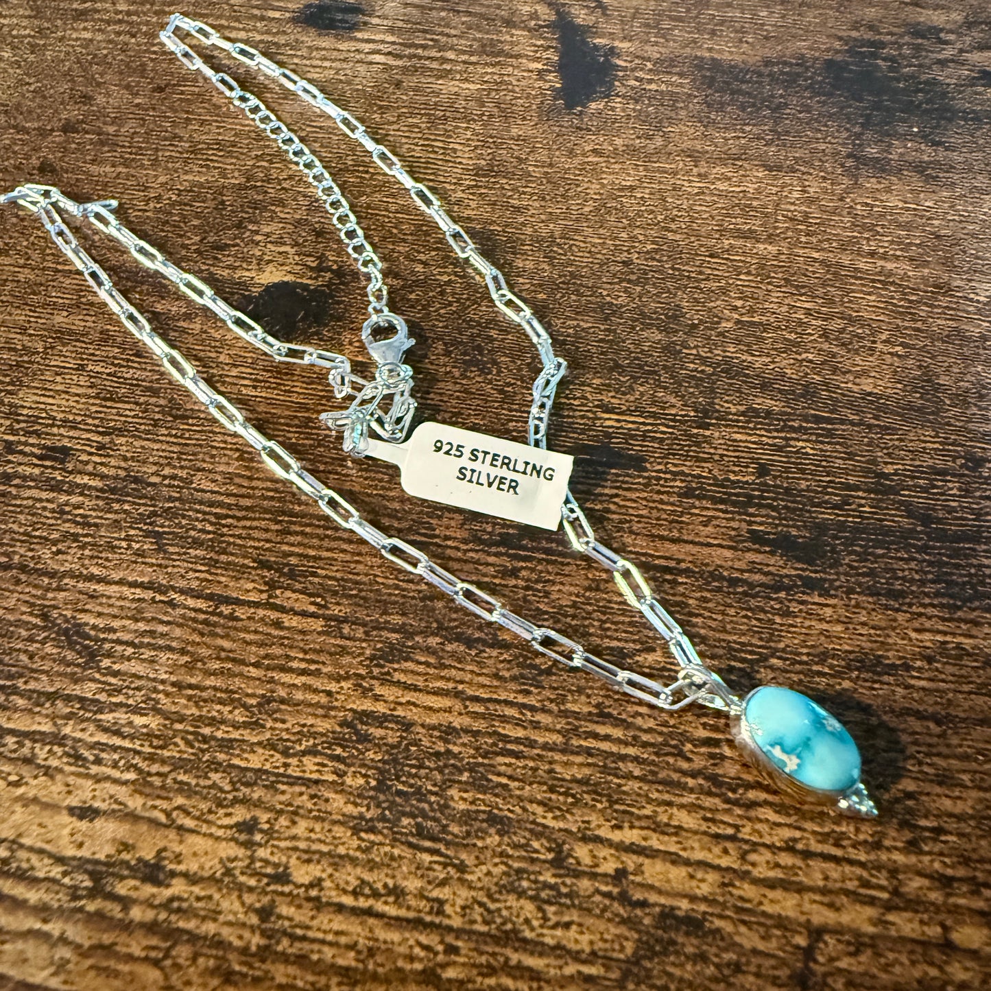 White Water Turquoise Gemstone Necklace 20 Inch Sterling Silver Paper Clip Chain