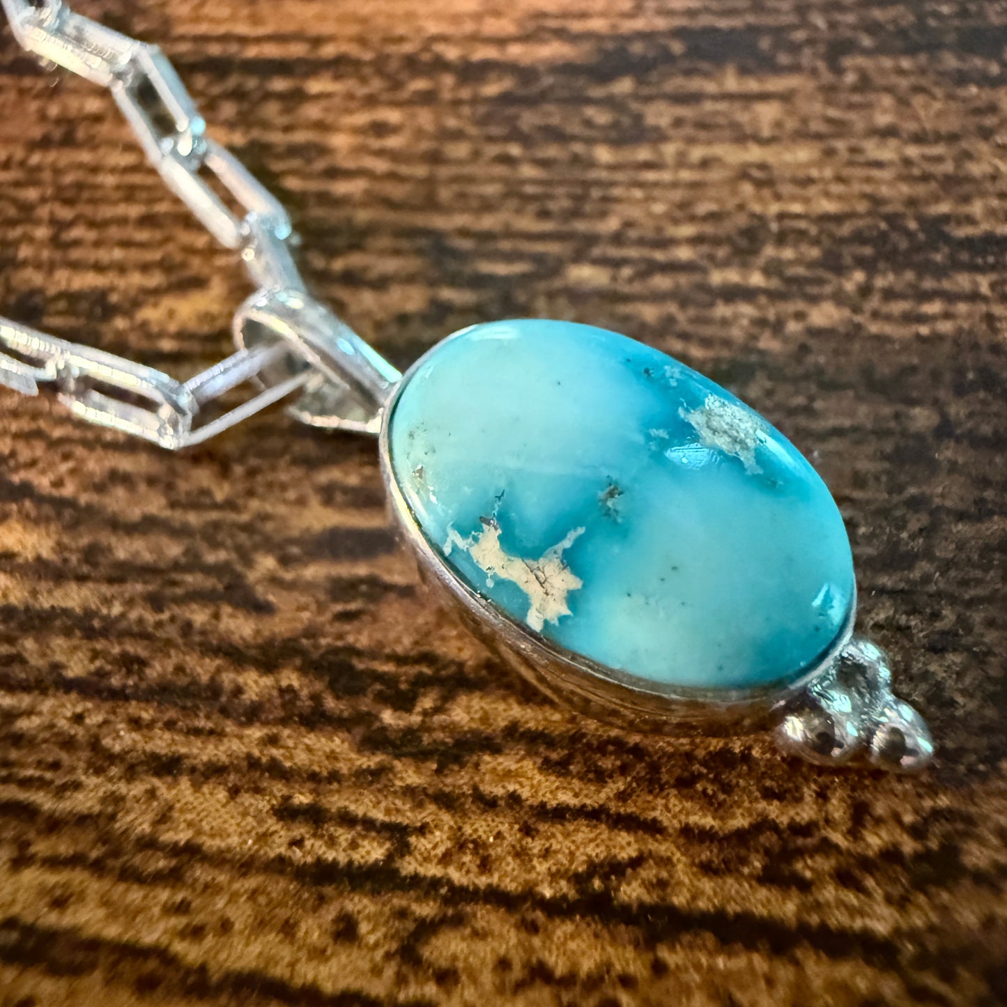 White Water Turquoise Gemstone Necklace 20 Inch Sterling Silver Paper Clip Chain