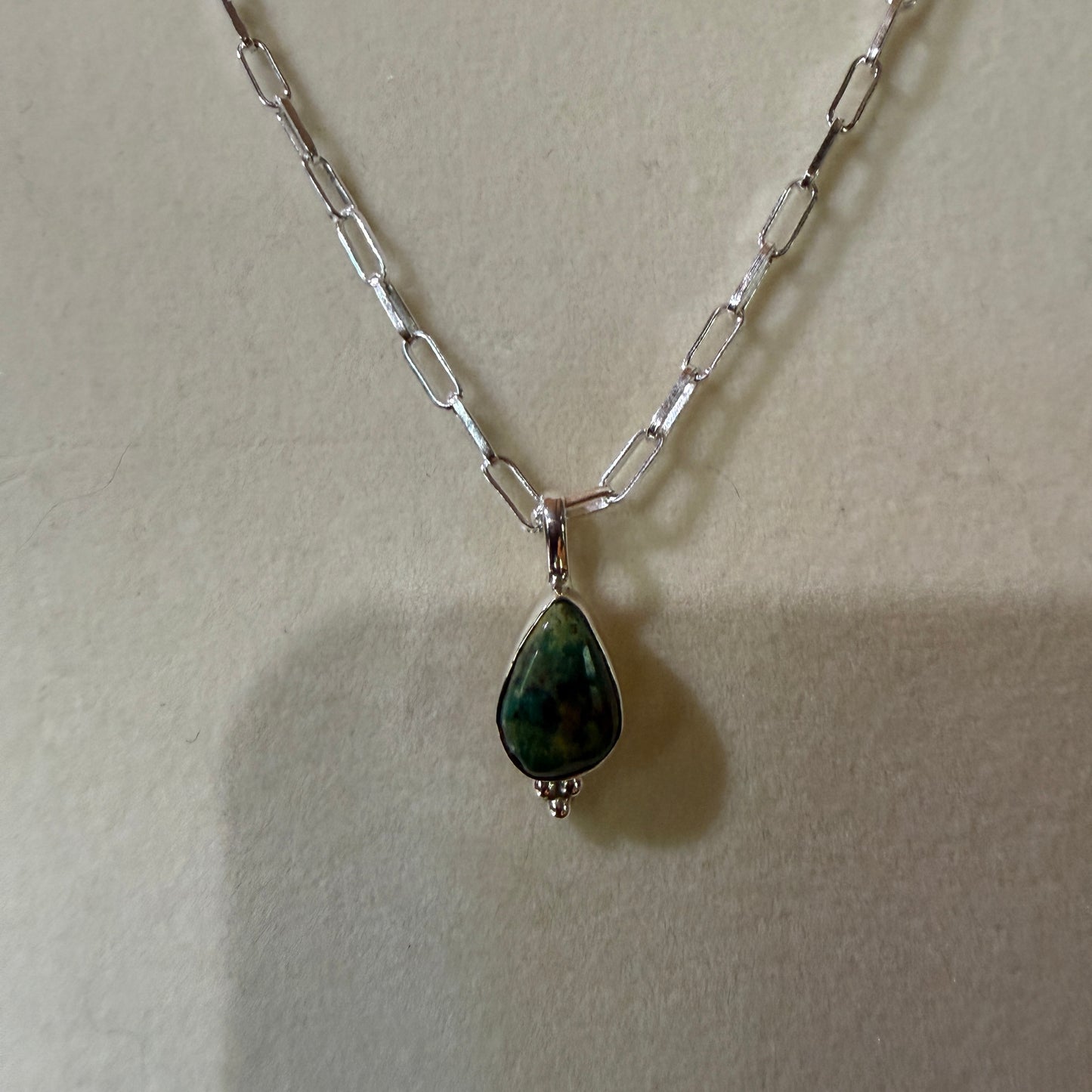 Pilot Mountain Turquoise Gemstone Necklace on 20 Inch Sterling Silver Paper Clip Chain
