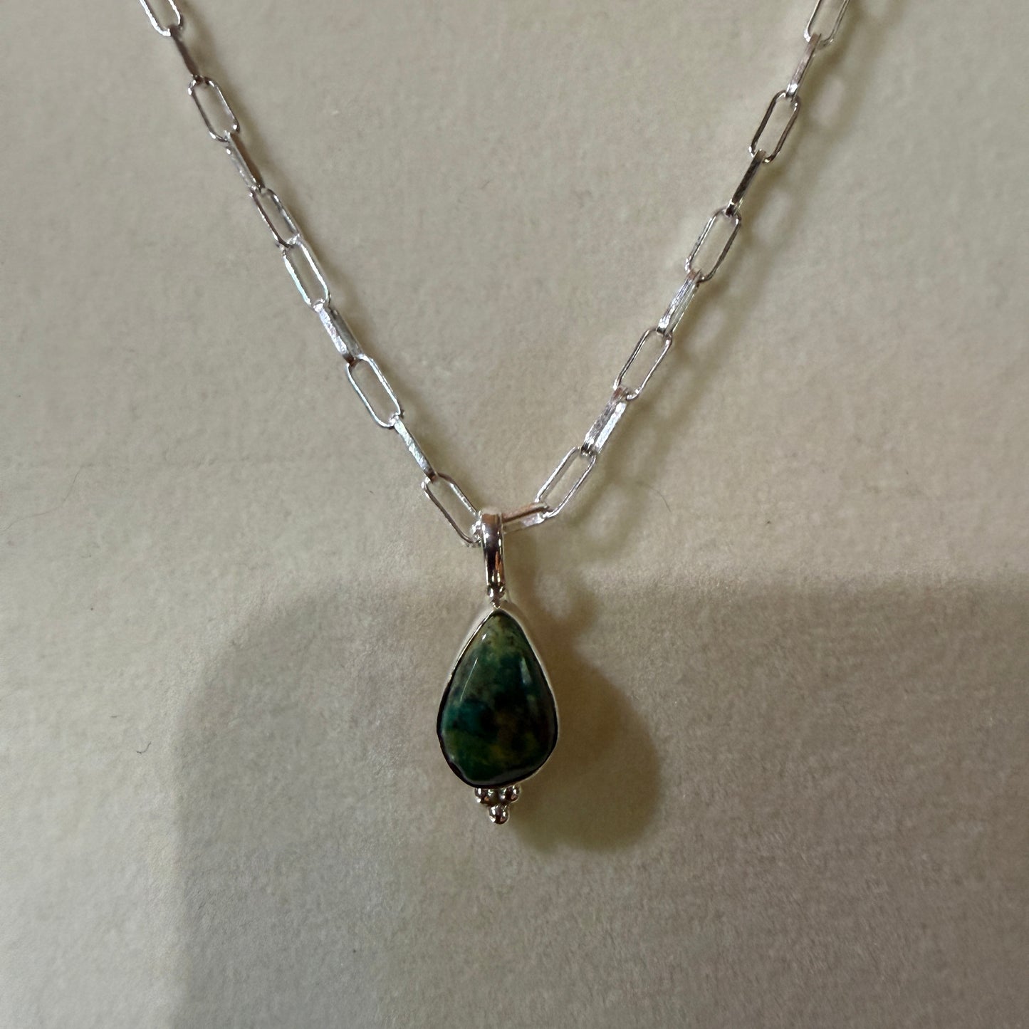 Pilot Mountain Turquoise Gemstone Necklace on 20 Inch Sterling Silver Paper Clip Chain