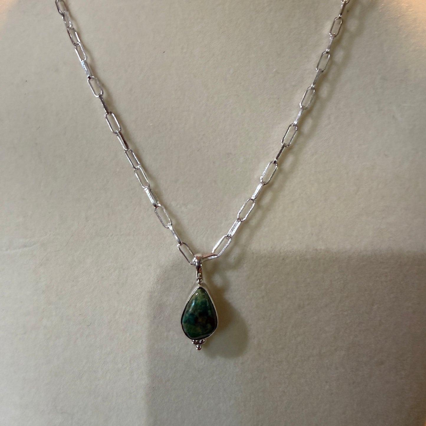 Pilot Mountain Turquoise Gemstone Necklace on 20 Inch Sterling Silver Paper Clip Chain