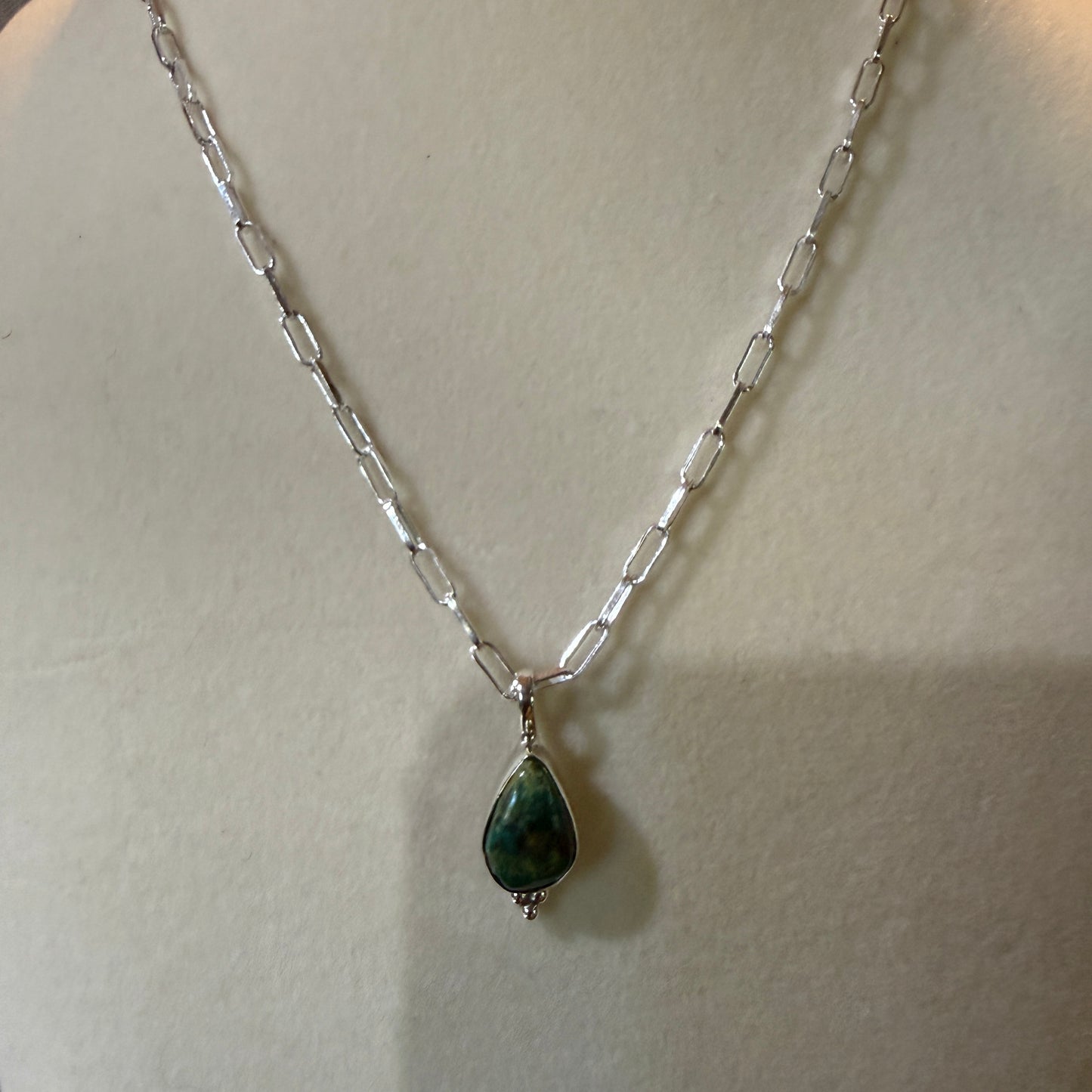 Pilot Mountain Turquoise Gemstone Necklace on 20 Inch Sterling Silver Paper Clip Chain