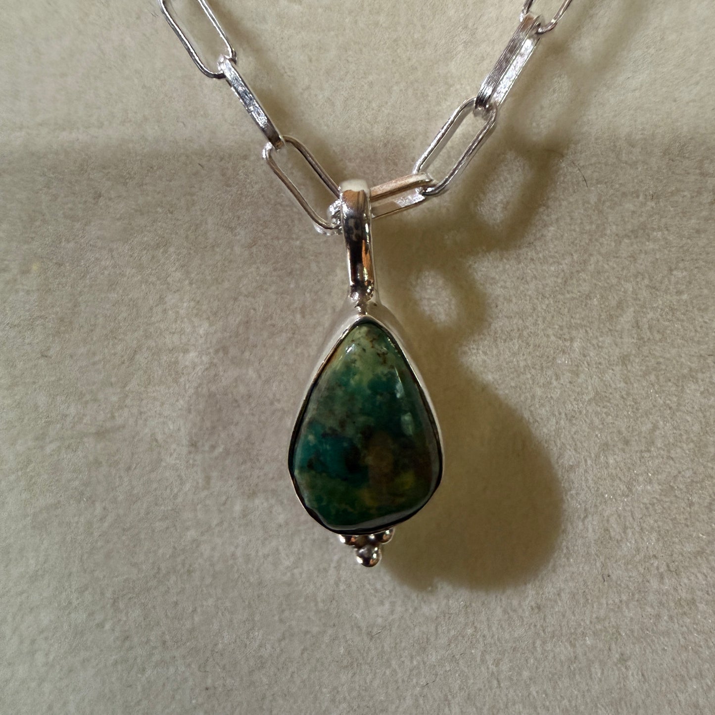Pilot Mountain Turquoise Gemstone Necklace on 20 Inch Sterling Silver Paper Clip Chain