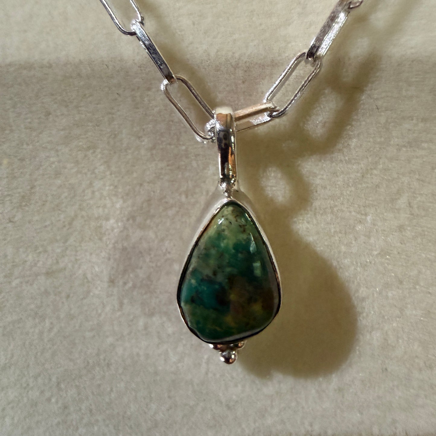 Pilot Mountain Turquoise Gemstone Necklace on 20 Inch Sterling Silver Paper Clip Chain
