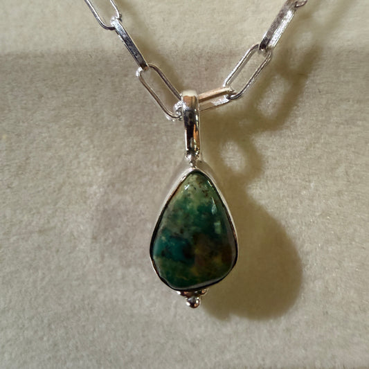 Pilot Mountain Turquoise Gemstone Necklace on 20 Inch Sterling Silver Paper Clip Chain