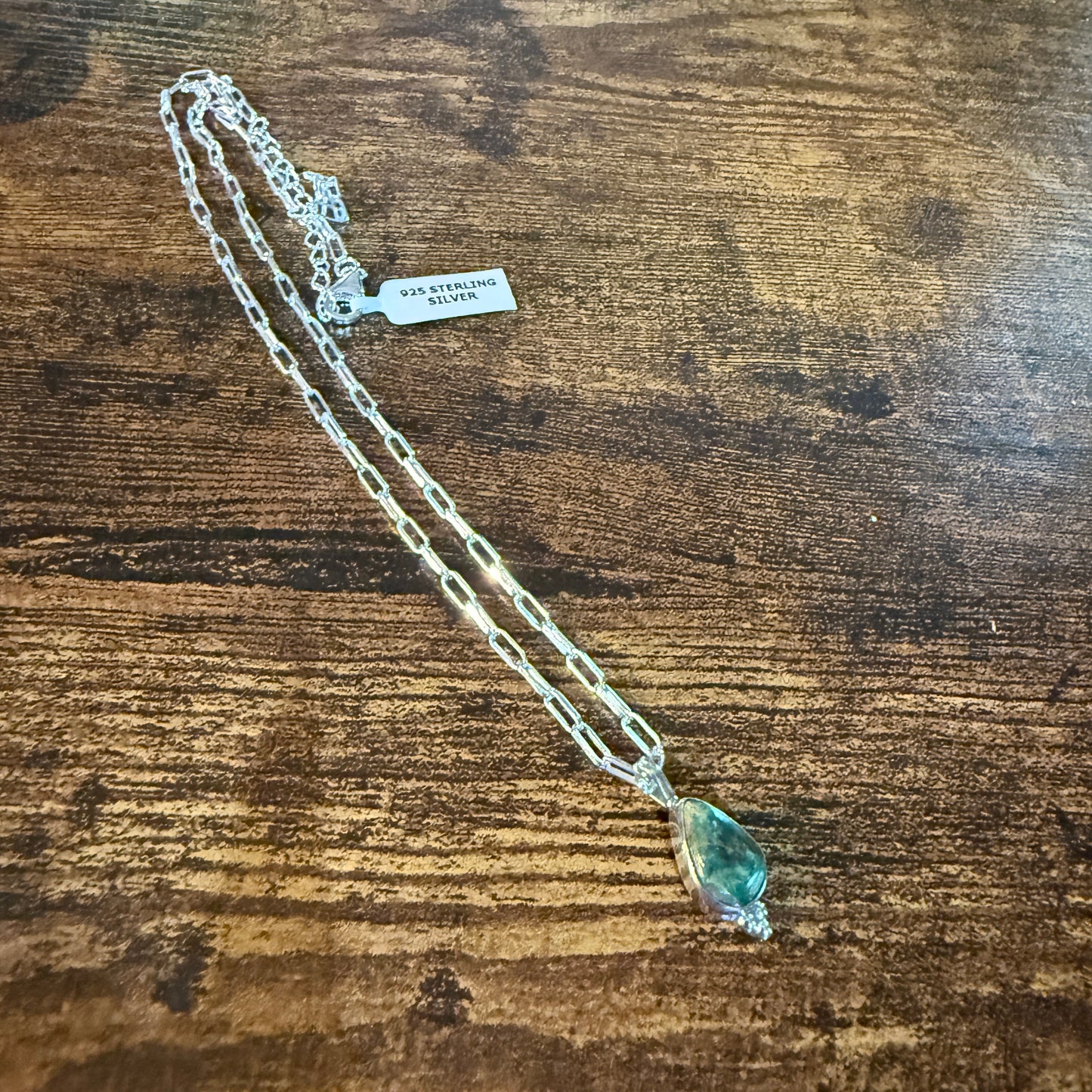Pilot Mountain Turquoise Gemstone Necklace on 20 Inch Sterling Silver Paper Clip Chain