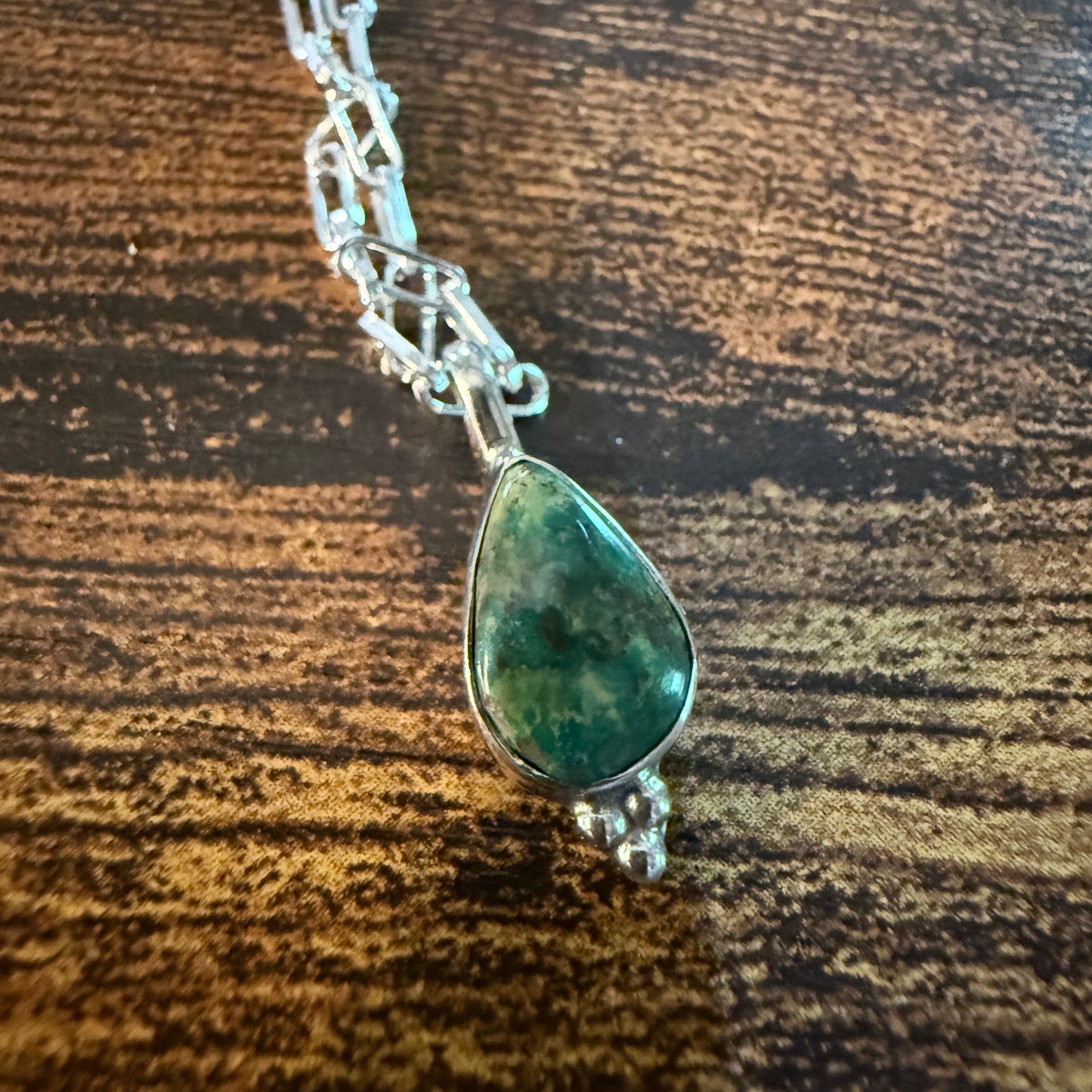 Pilot Mountain Turquoise Gemstone Necklace on 20 Inch Sterling Silver Paper Clip Chain