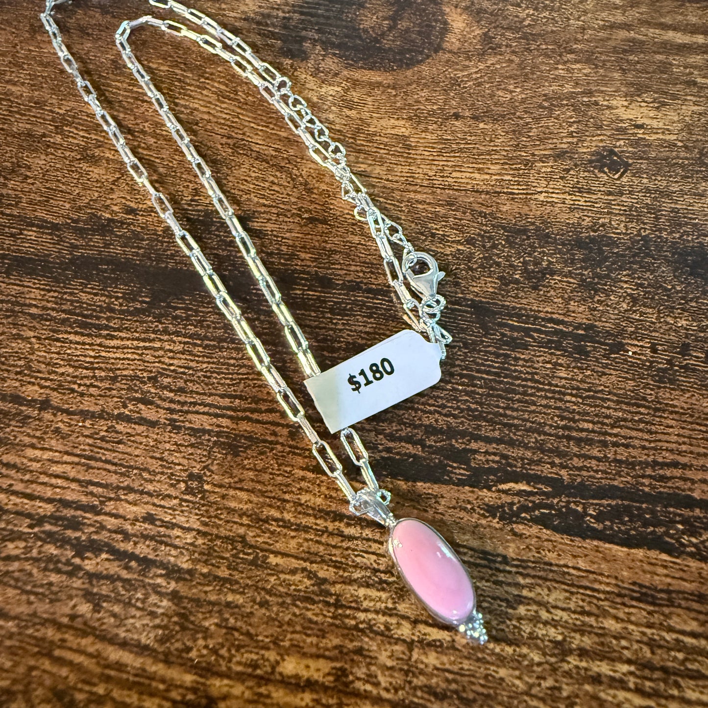 Pink Conch Turquoise Gemstone Necklace 20 Inch Paperclip Chain Sterling Silver