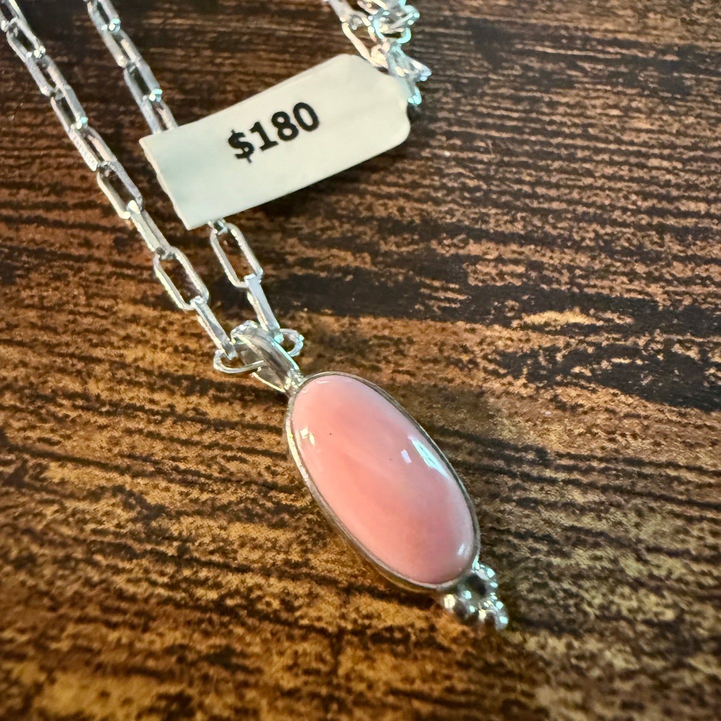 Pink Conch Turquoise Gemstone Necklace 20 Inch Paperclip Chain Sterling Silver