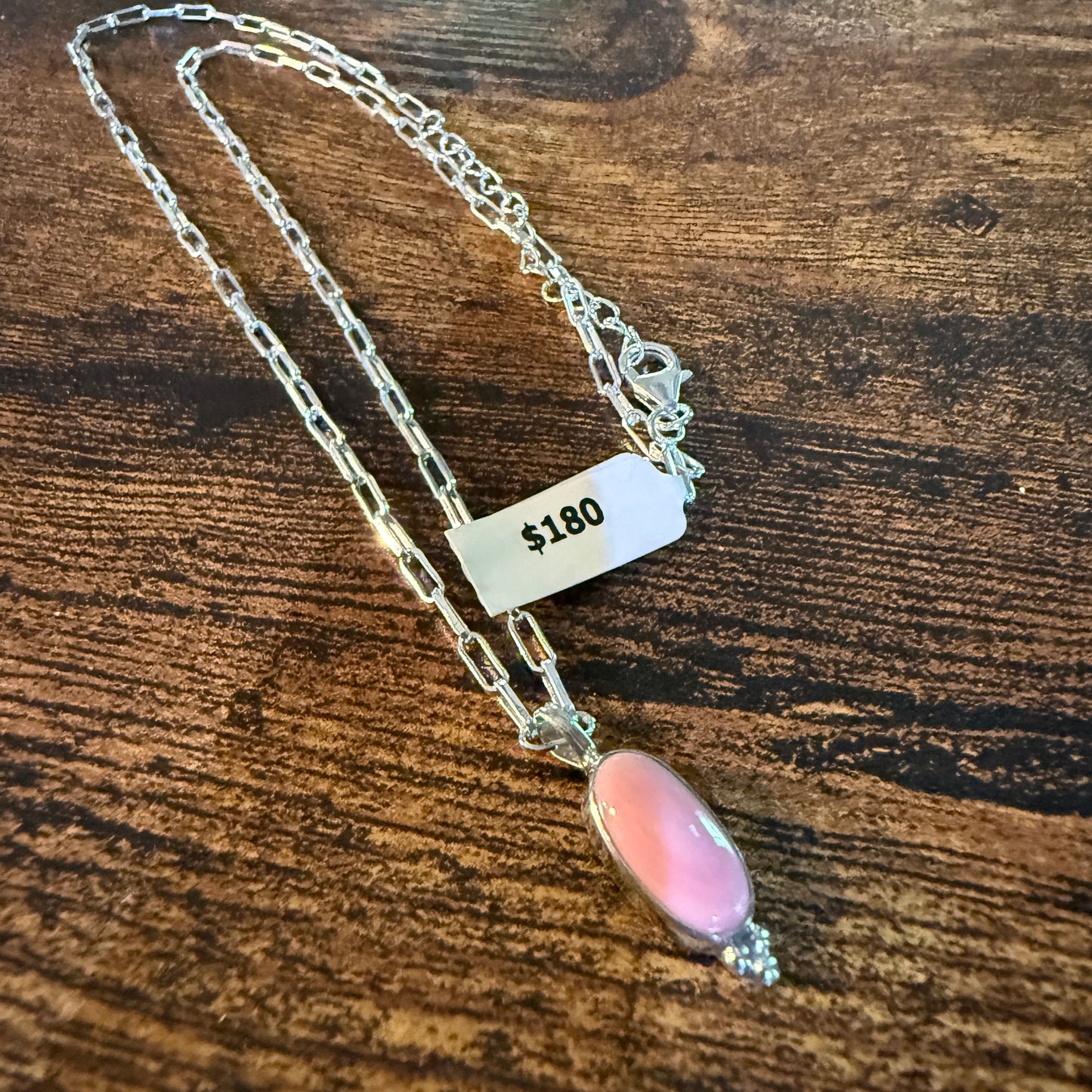 Pink Conch Turquoise Gemstone Necklace 20 Inch Paperclip Chain Sterling Silver